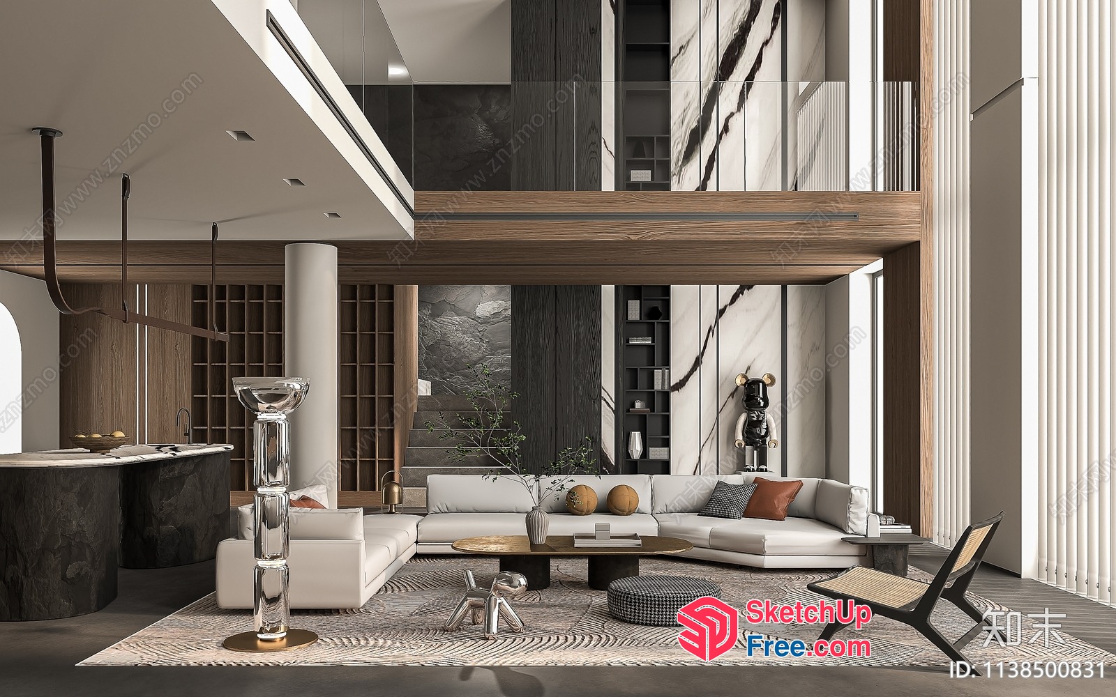 Modern Living Room With High Ceiling And Marble Accents 3D SketchUp File