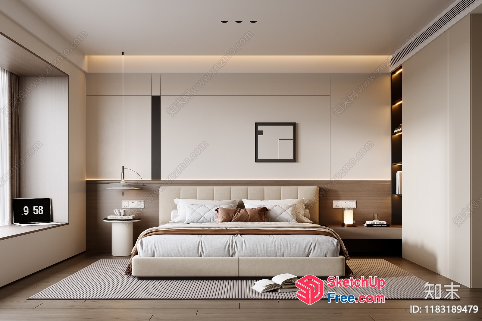 Modern Minimalist Bedroom With Creamy Beige And White Decor 3D SketchUp File