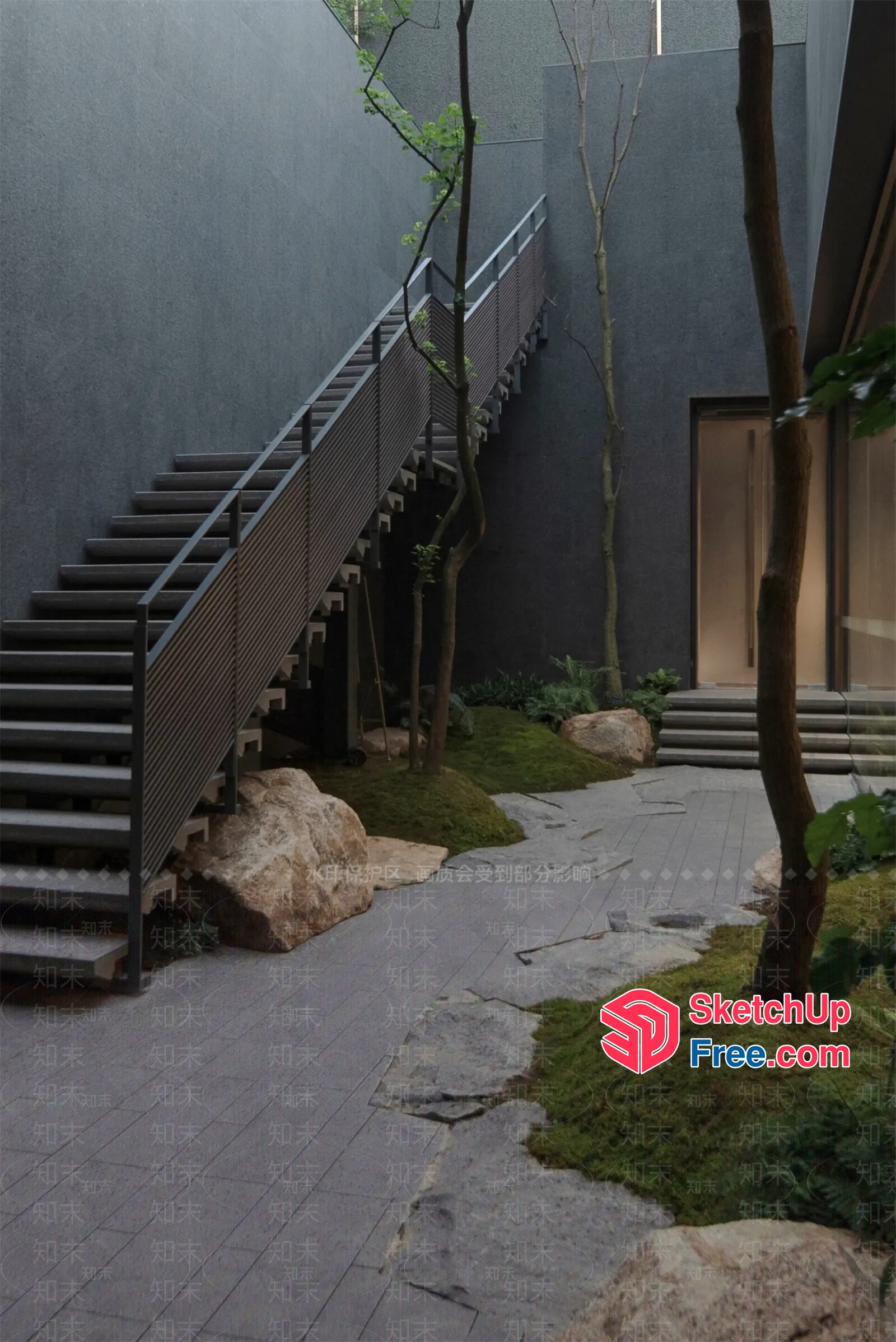 Elegant Staircase And Railing In Modern Japanese-Style Interior 3D SketchUp File