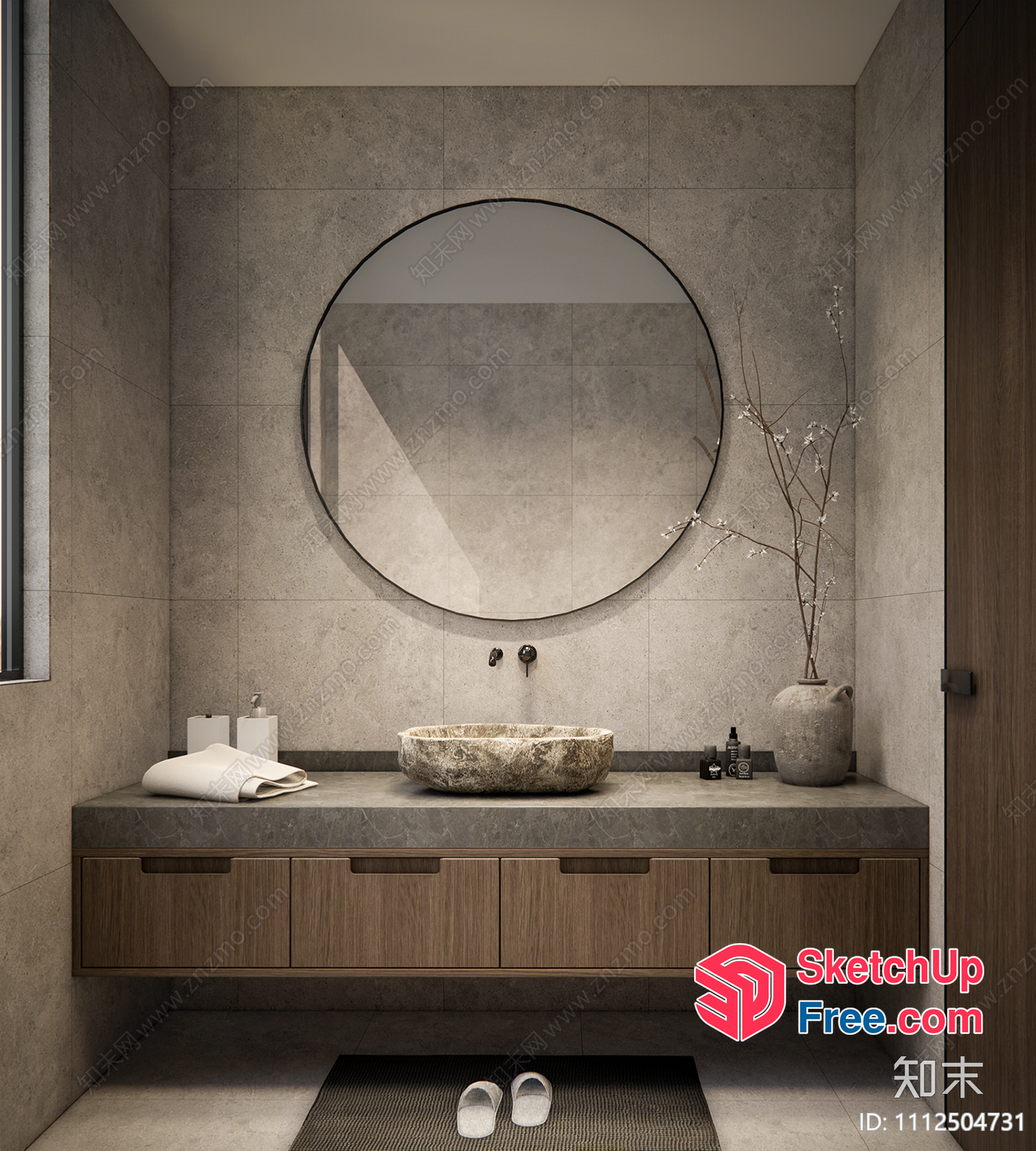 Modern Bathroom With Round Mirror And Natural Stone Sink 3D SketchUp File
