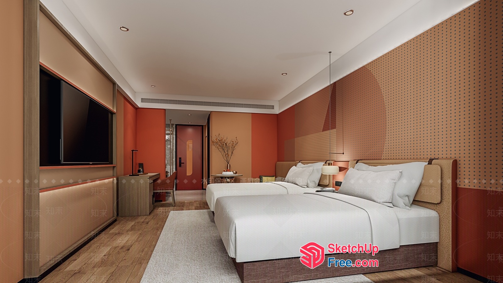 Modern Hotel Room With White Bedding And Flat Screen Tv 3D SketchUp File