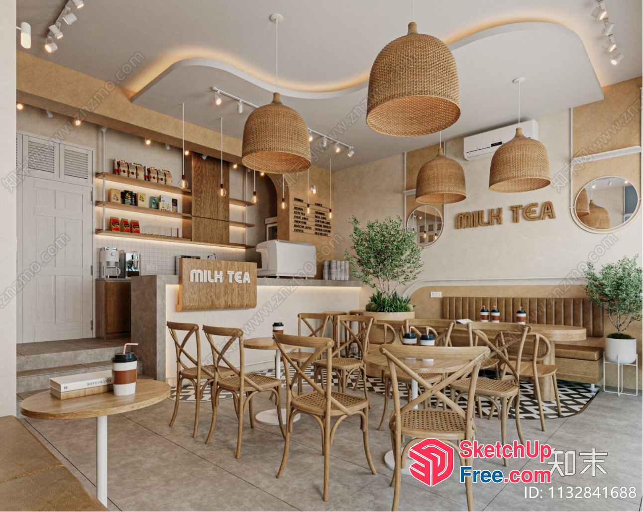 Modern Milk Tea Shop With Natural Wood And Rattan Decor 3D SketchUp File