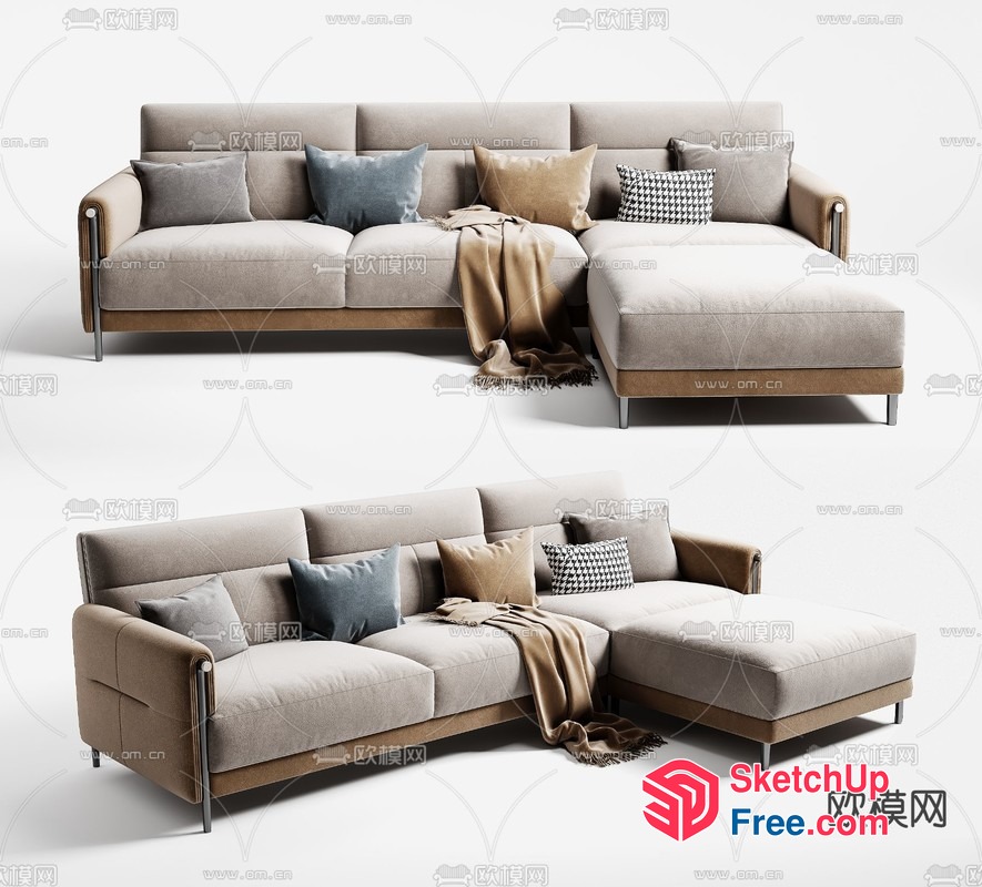 Modern Beige And Brown L-Shaped Sofa With Pillows 3D SketchUp File
