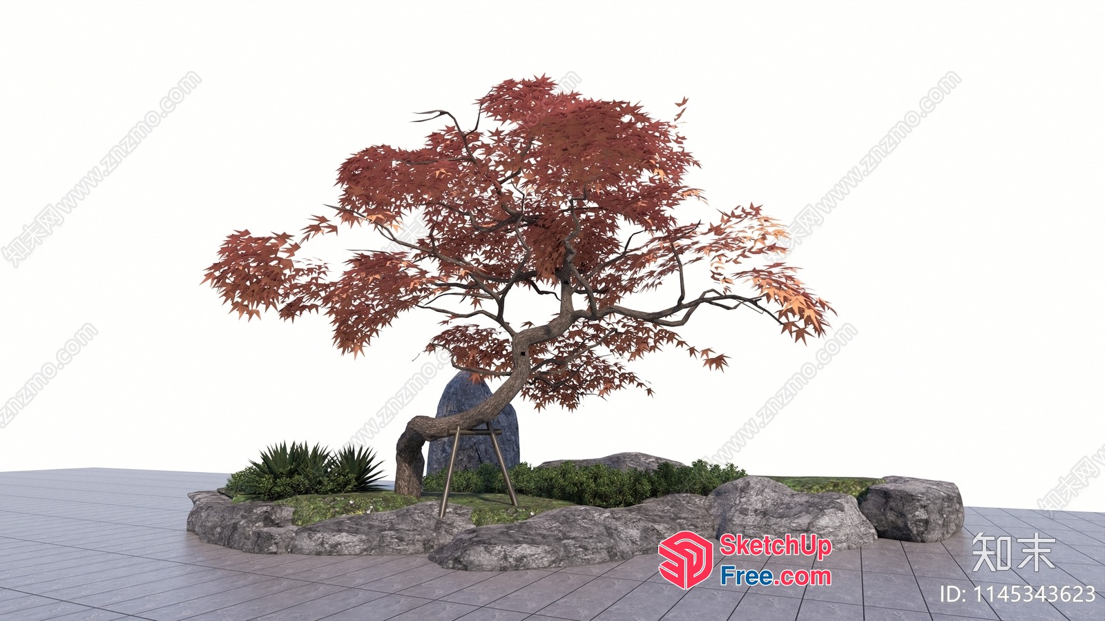 Japanese Style Outdoor Landscape With Tree And Rocks 3D SketchUp File