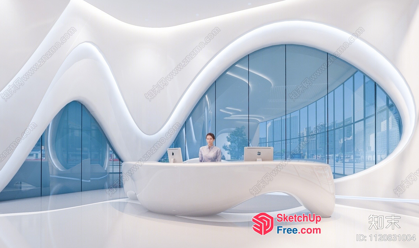 Futuristic Office Space With Sleek White Reception Desk And Curved Walls 3D SketchUp File