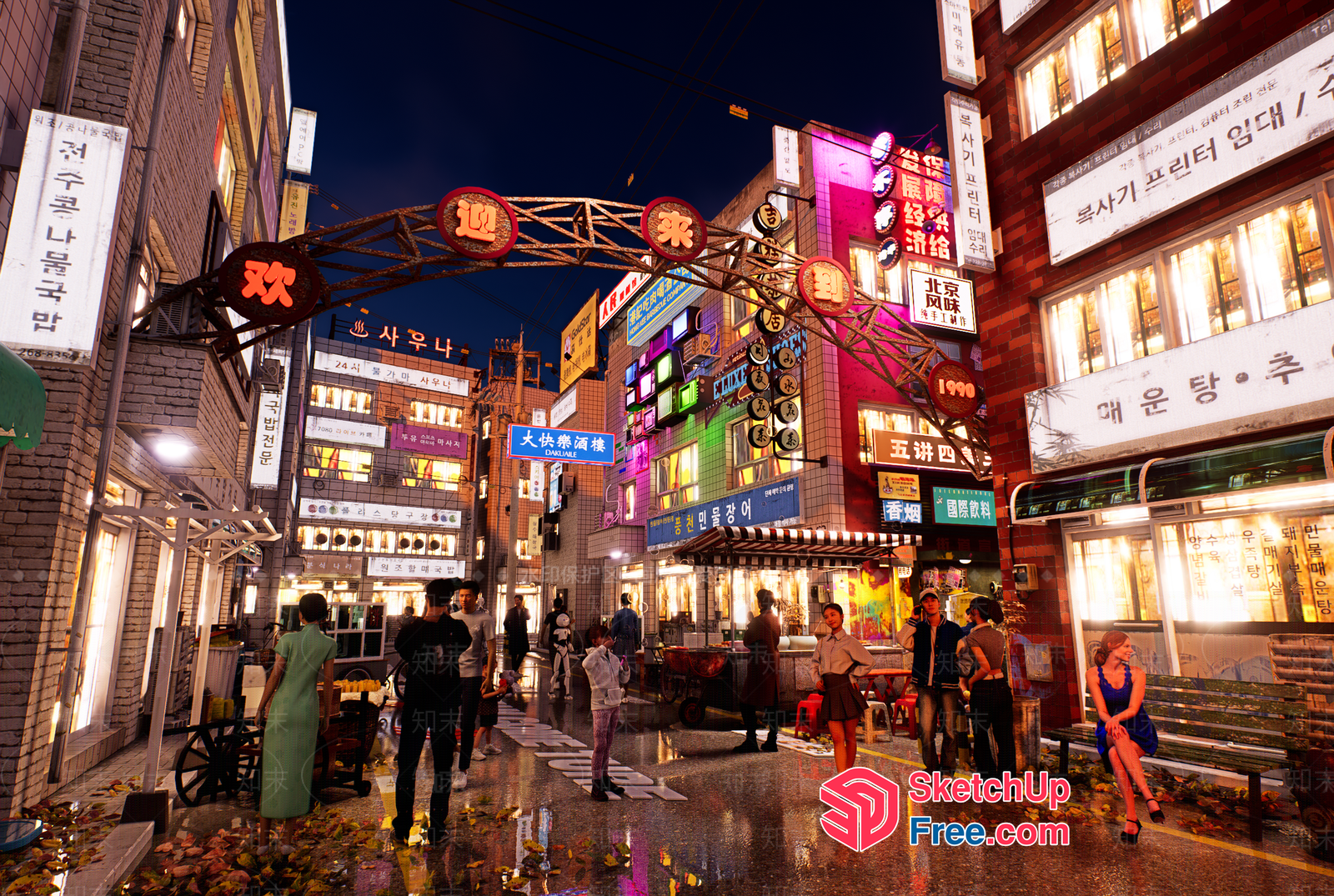 Asian Street Market At Night 3D SketchUp File