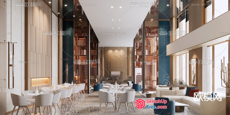 Modern Dining And Living Room Interior With White And Blue Furniture 3D SketchUp File