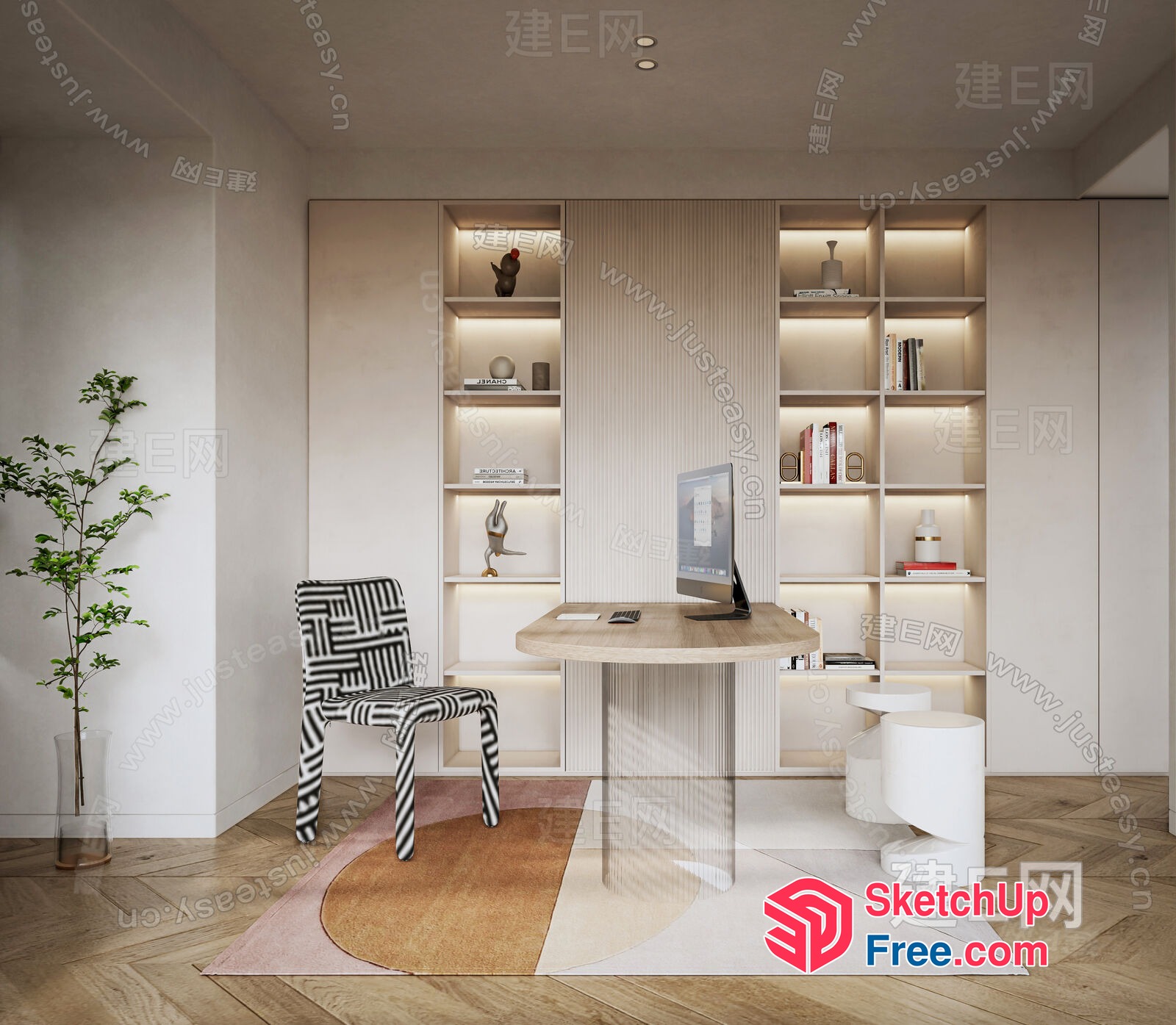 Modern Minimalist Office Interior With Wooden Desk And Bookshelf 3D SketchUp File