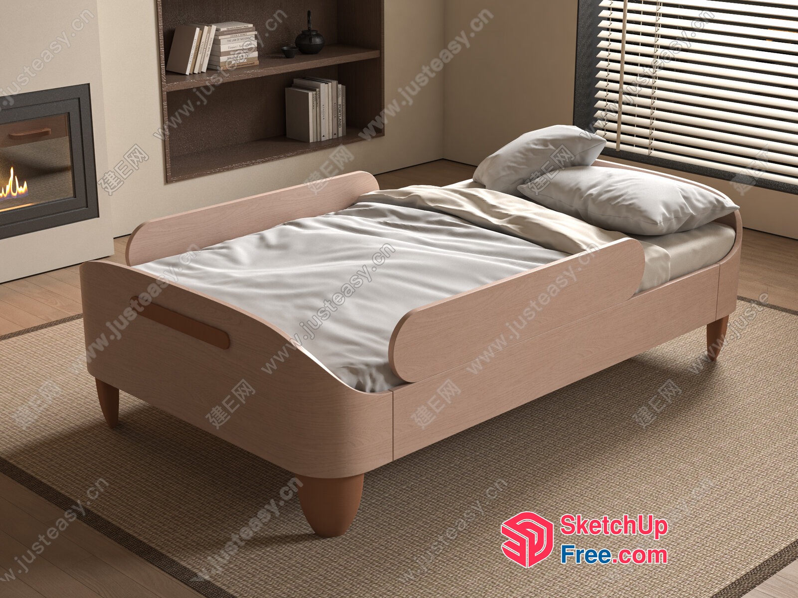 Minimalist Style Bedroom With Fireplace And Bookcase 3D SketchUp File