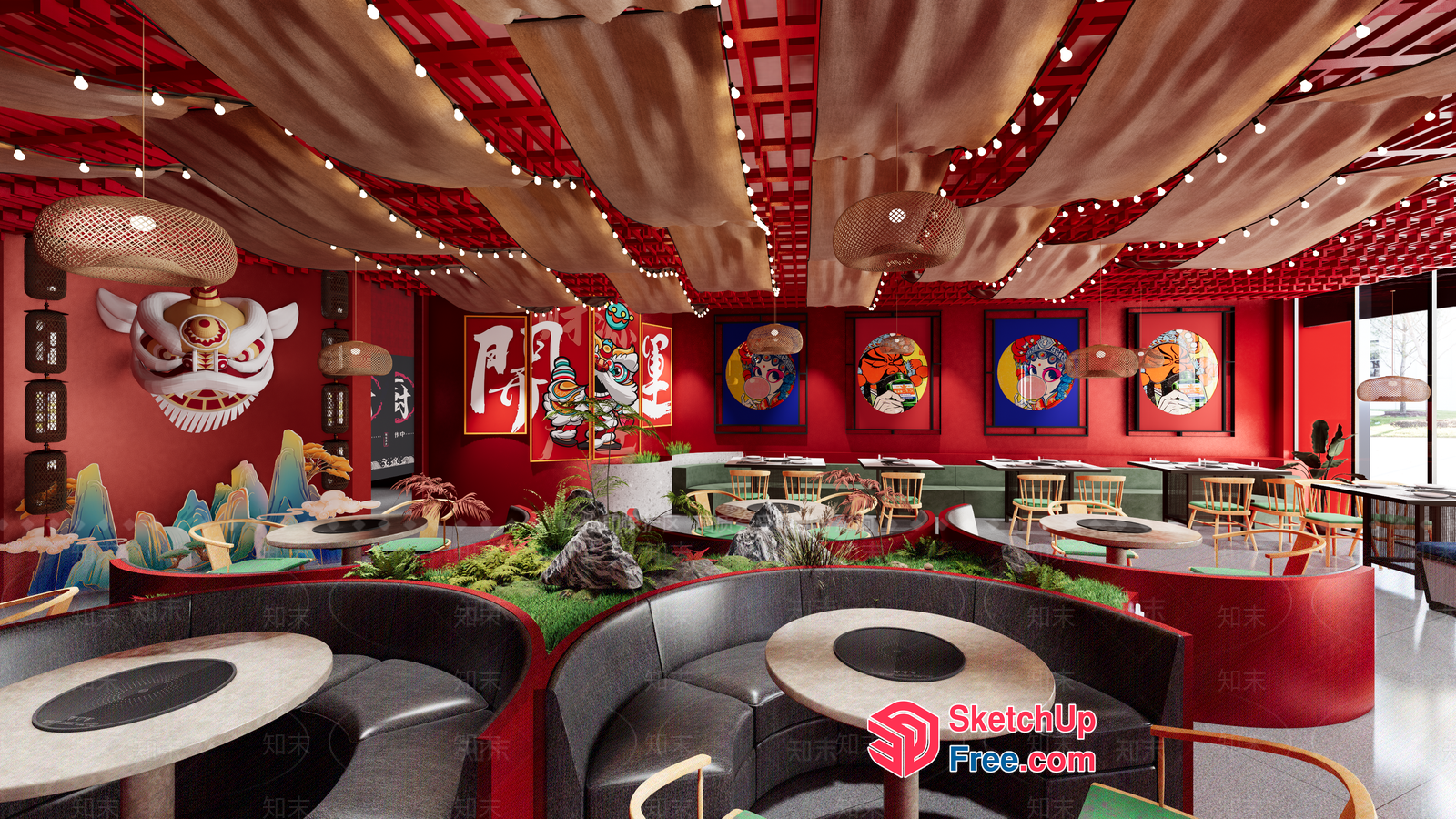 Vibrant Modern Asian-Inspired Dining Space 3D SketchUp File