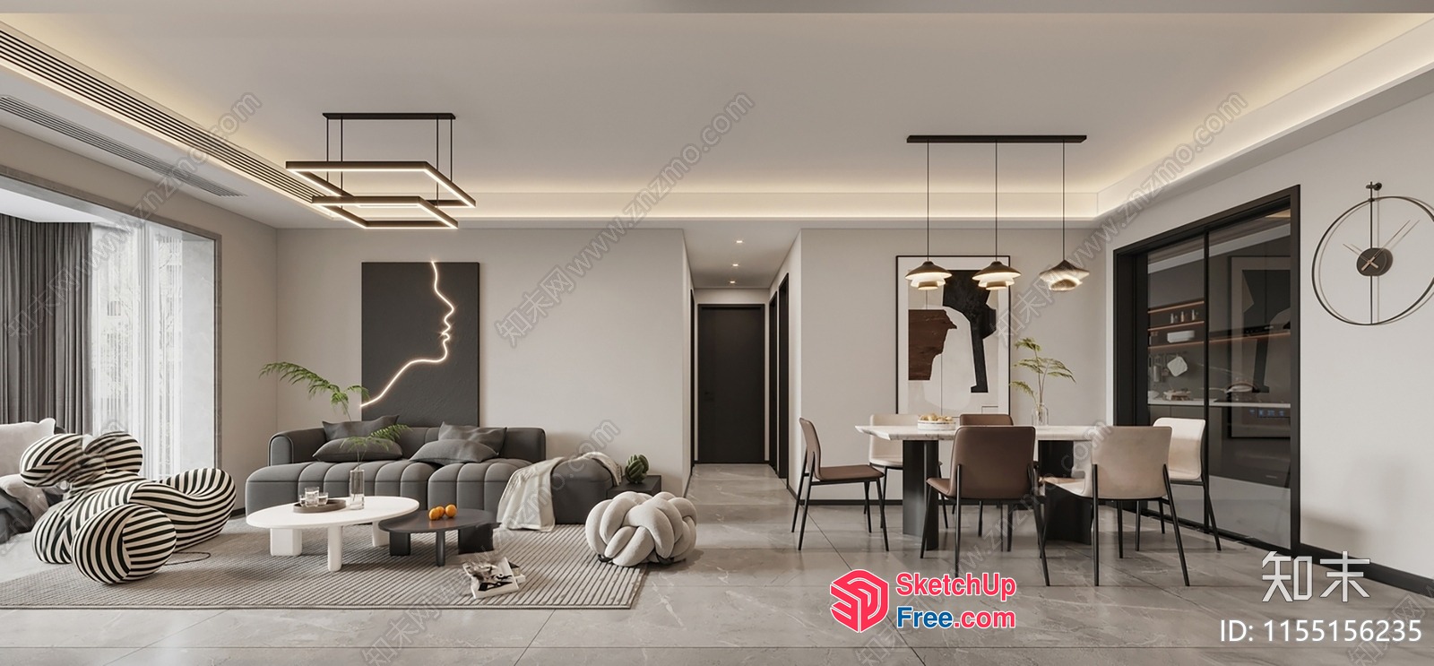 Modern Minimalist Living Room And Dining Room Interior 3D SketchUp File