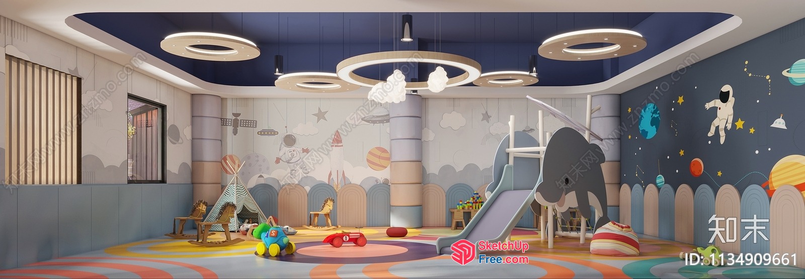 Colorful Kids' Playroom With Play Equipment And Astronaut Decor 3D SketchUp File