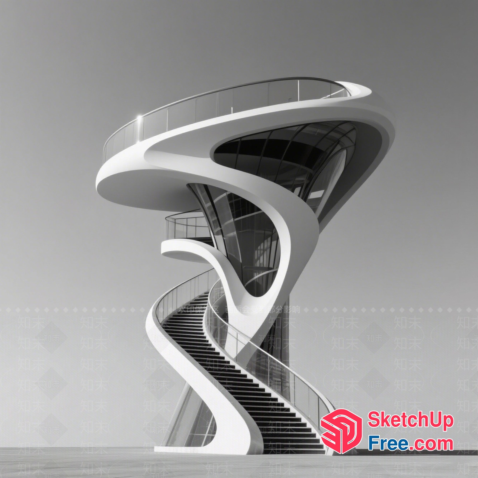 Futuristic Staircase With Glass Railings And Curved Design 3D SketchUp File