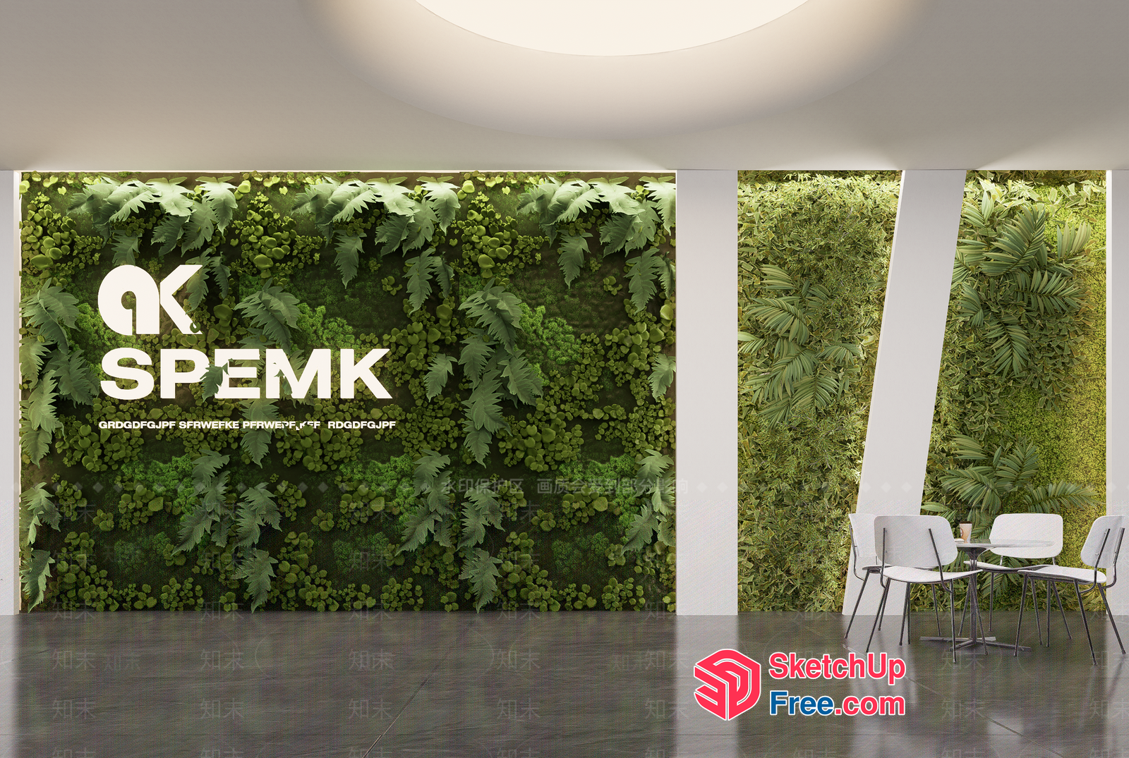 Green Wall Interior With Pillars And Chairs 3D SketchUp File