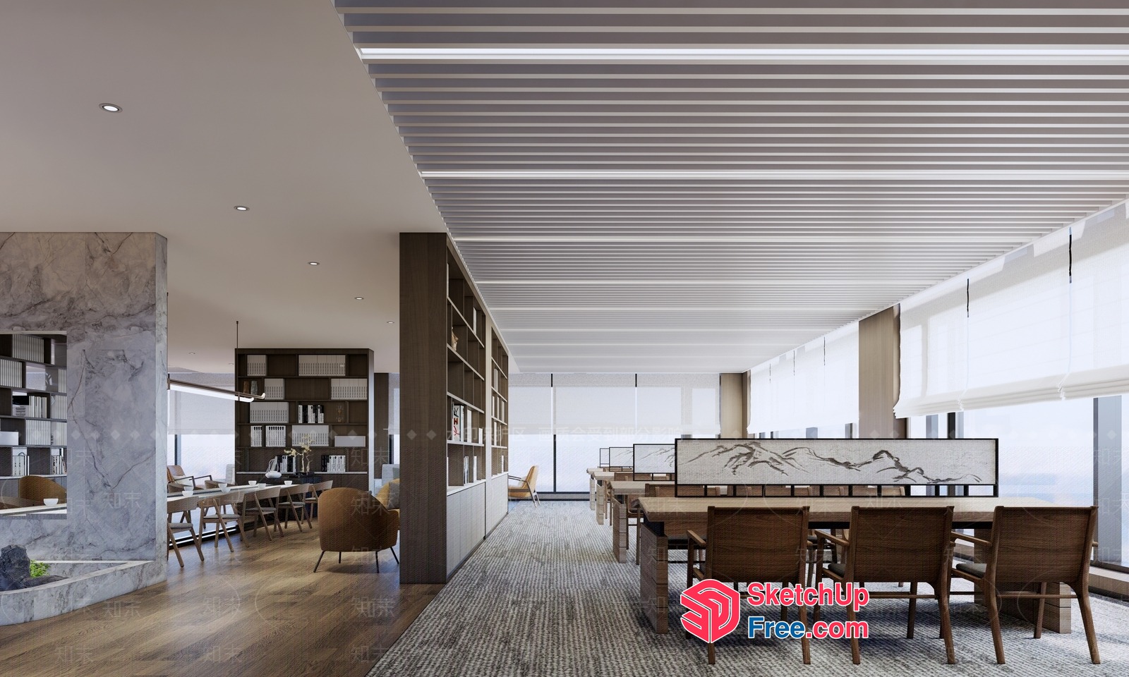 Modern Office Interior With Wooden Furniture And Natural Light 3D SketchUp File