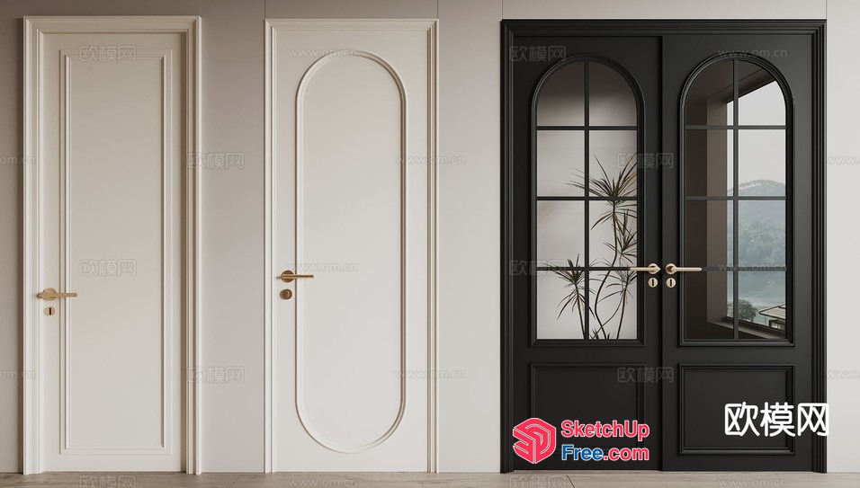 White And Black Door Designs With Arched Glass Windows 3D SketchUp File