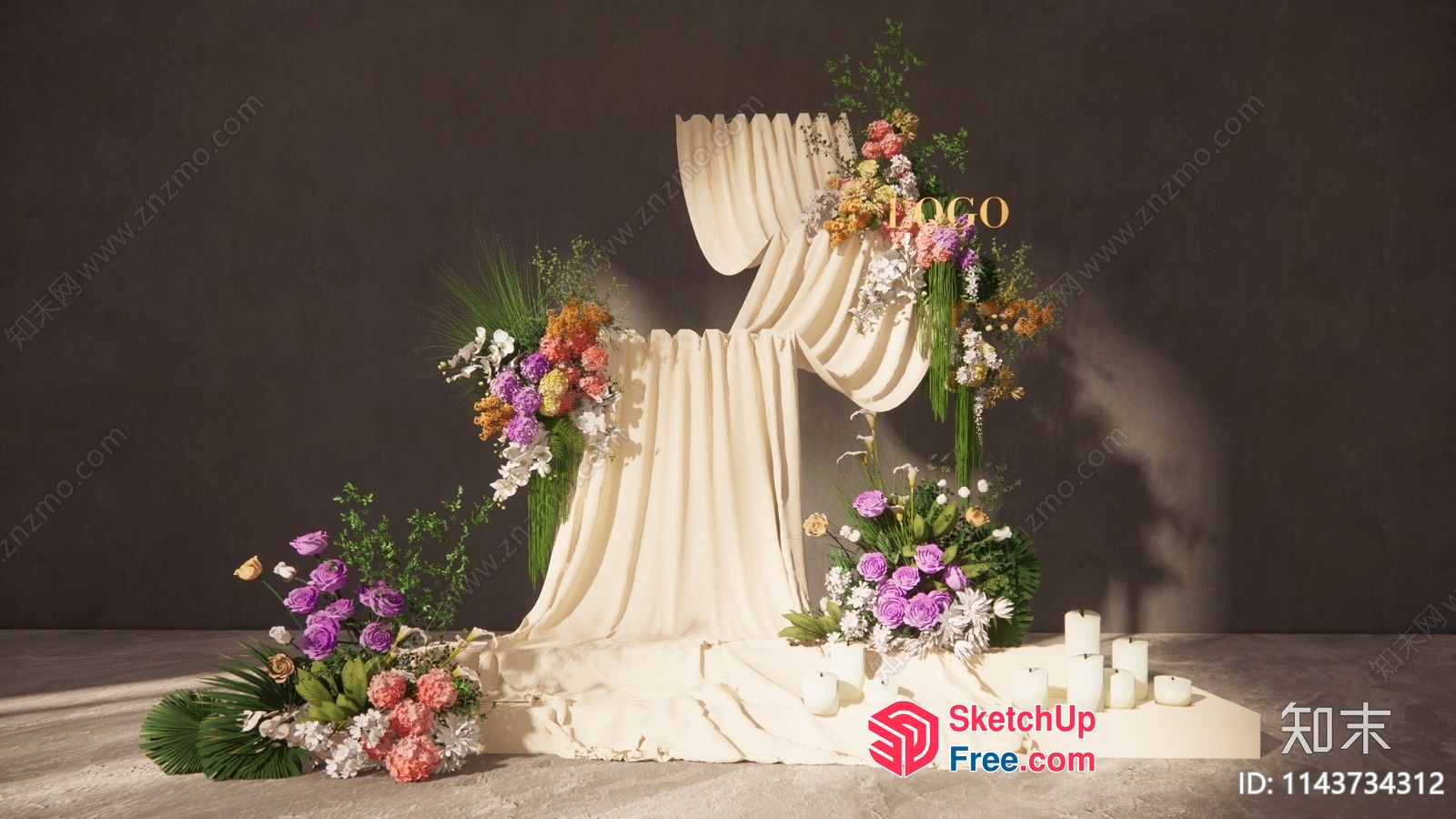 Elegant Floral Arrangement With Creamy White Drapes 3D SketchUp File