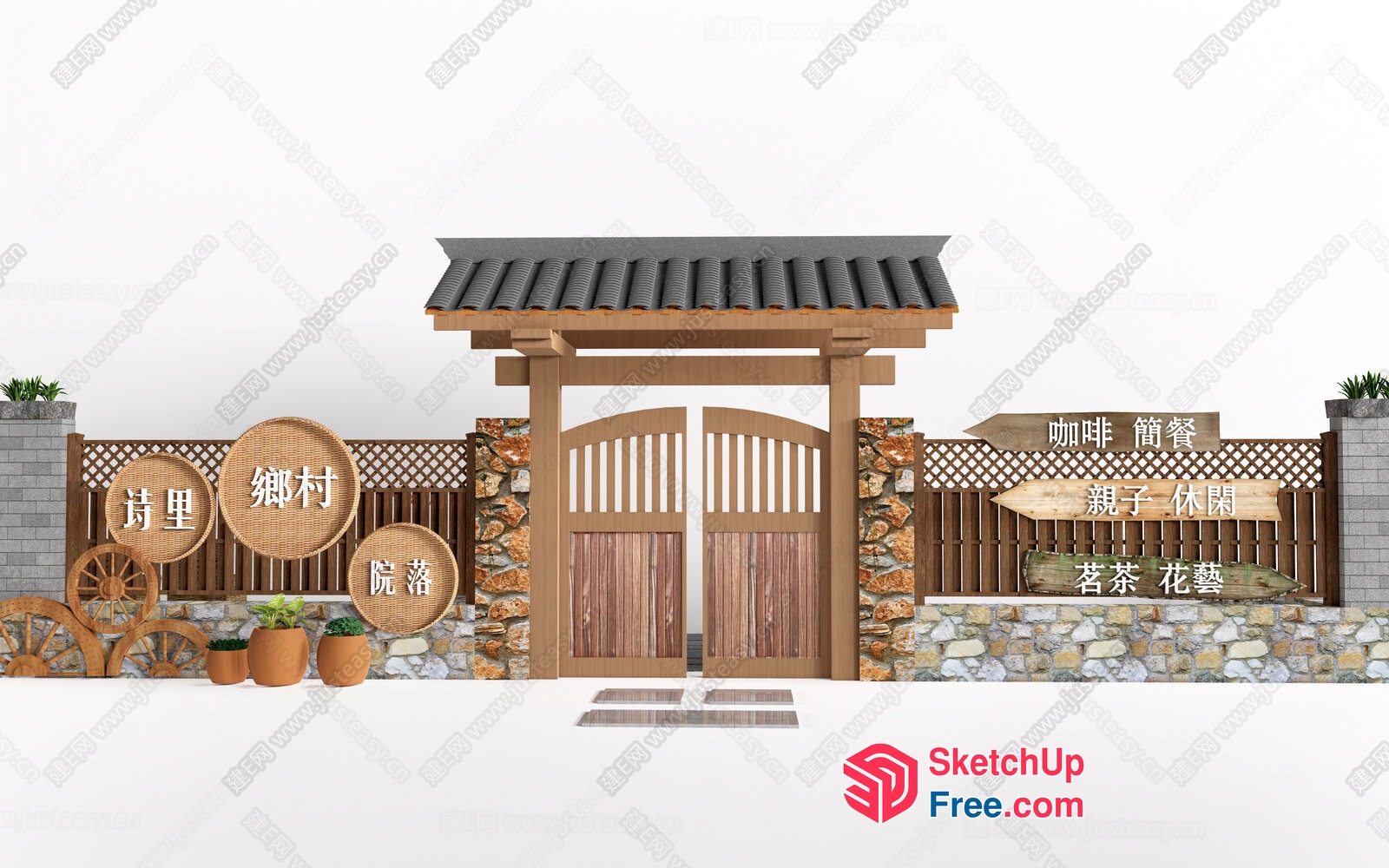 Traditional Asian Entrance With Wooden Gate And Stone Wall 3D SketchUp File