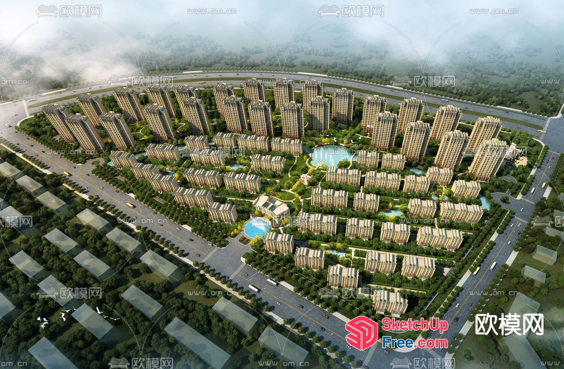 Modern Residential Complex With Green Spaces And Pools 3D SketchUp File