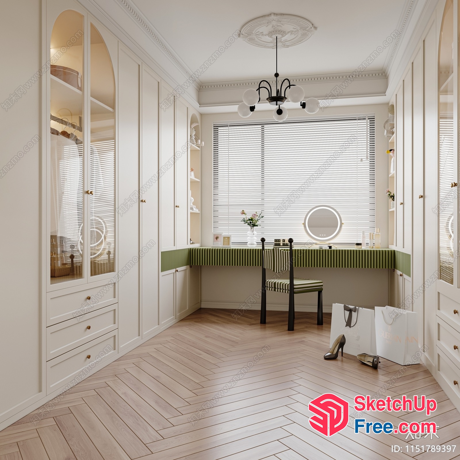 Elegant White And Green Striped Vanity Room 3D SketchUp File