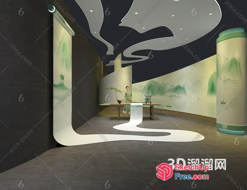 Artistic Modern Gallery Space With Elegant Pillars And Curved Ceiling 3D SketchUp File