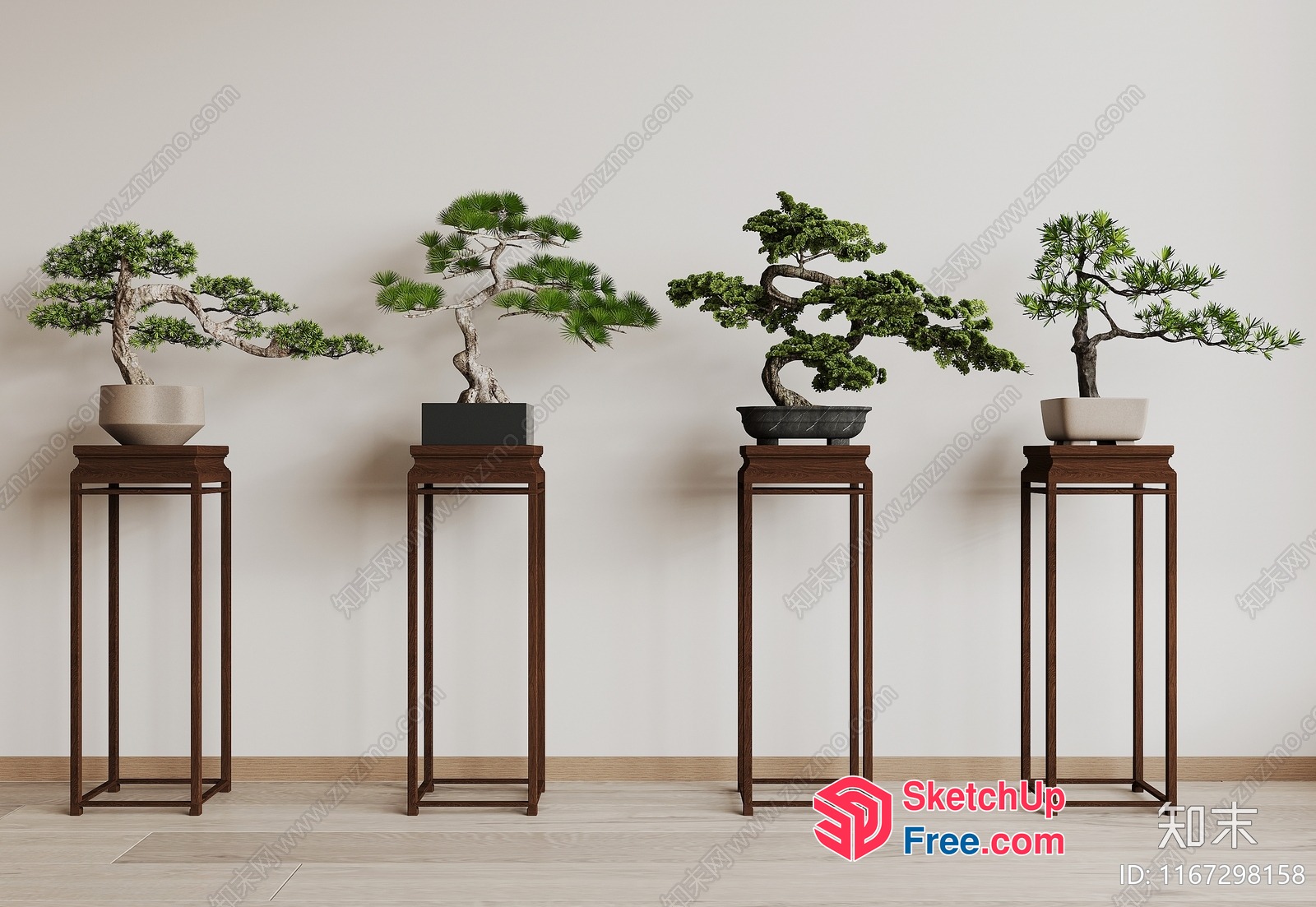 Four Elegant Trees In Pots On Wooden Stands 3D SketchUp File