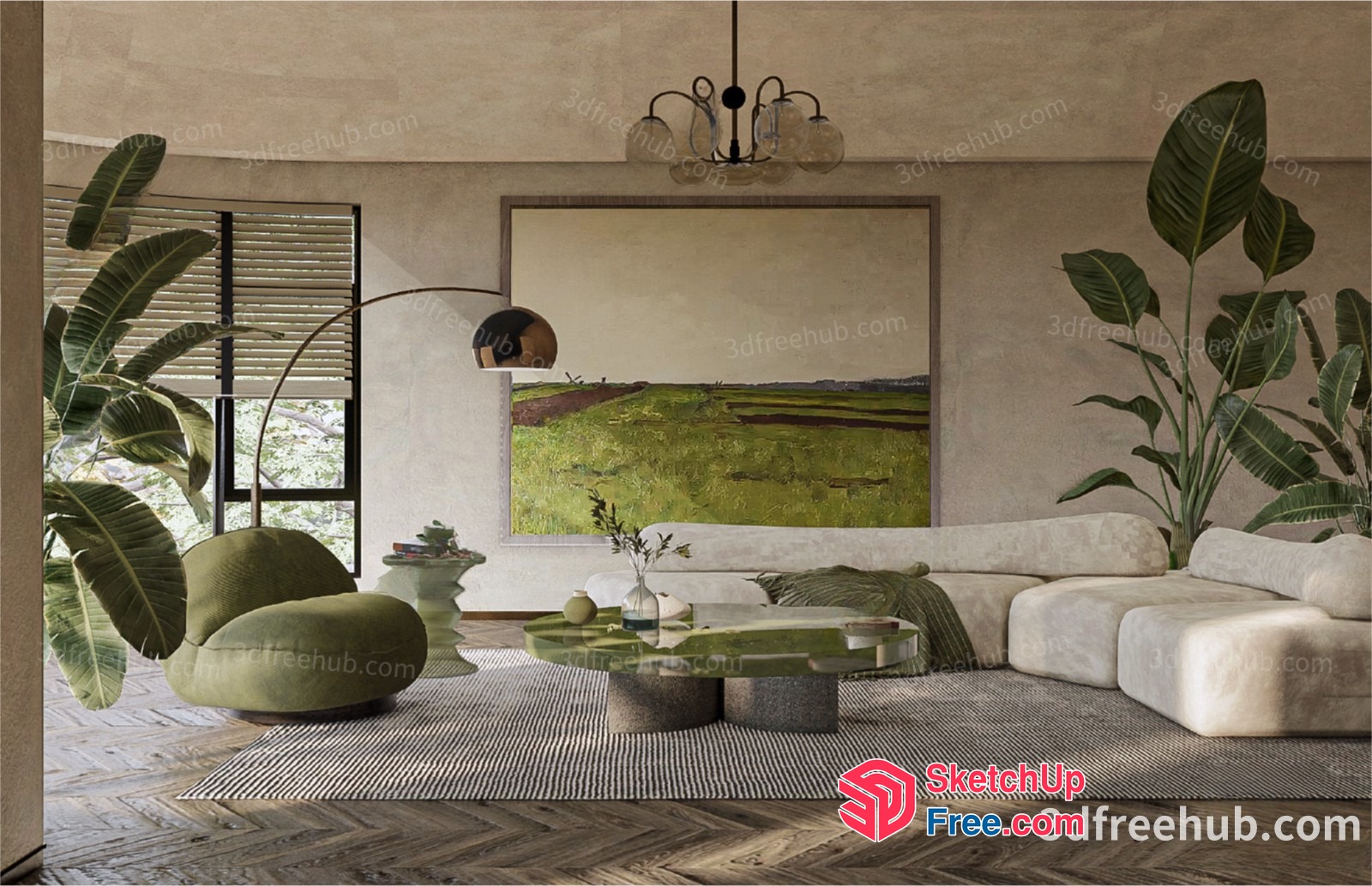 Modern Living Room With Natural Elements And Artistic Touches 3D SketchUp File
