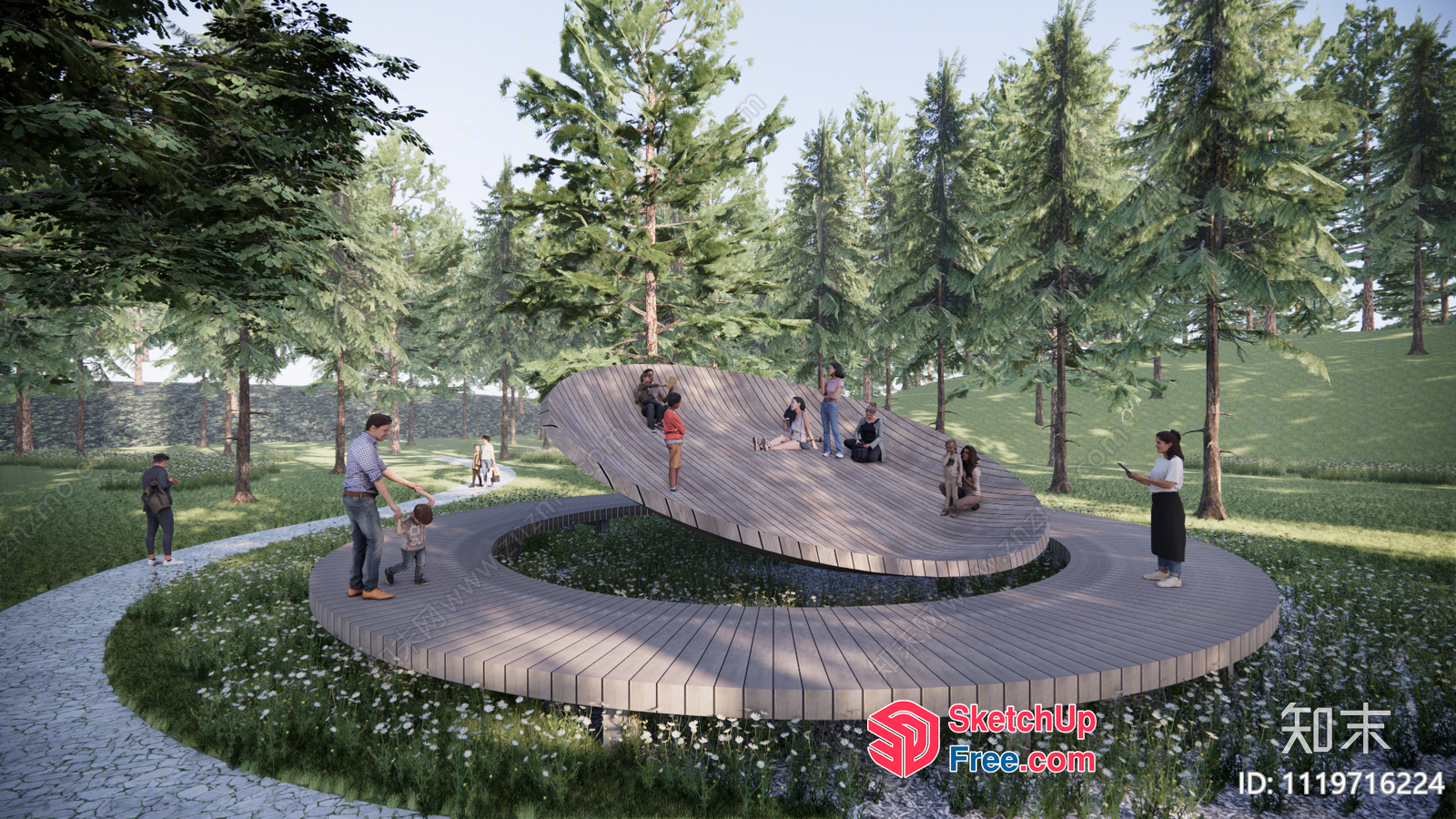 Serpentine Wooden Platform With Curved Steps And People 3D SketchUp File