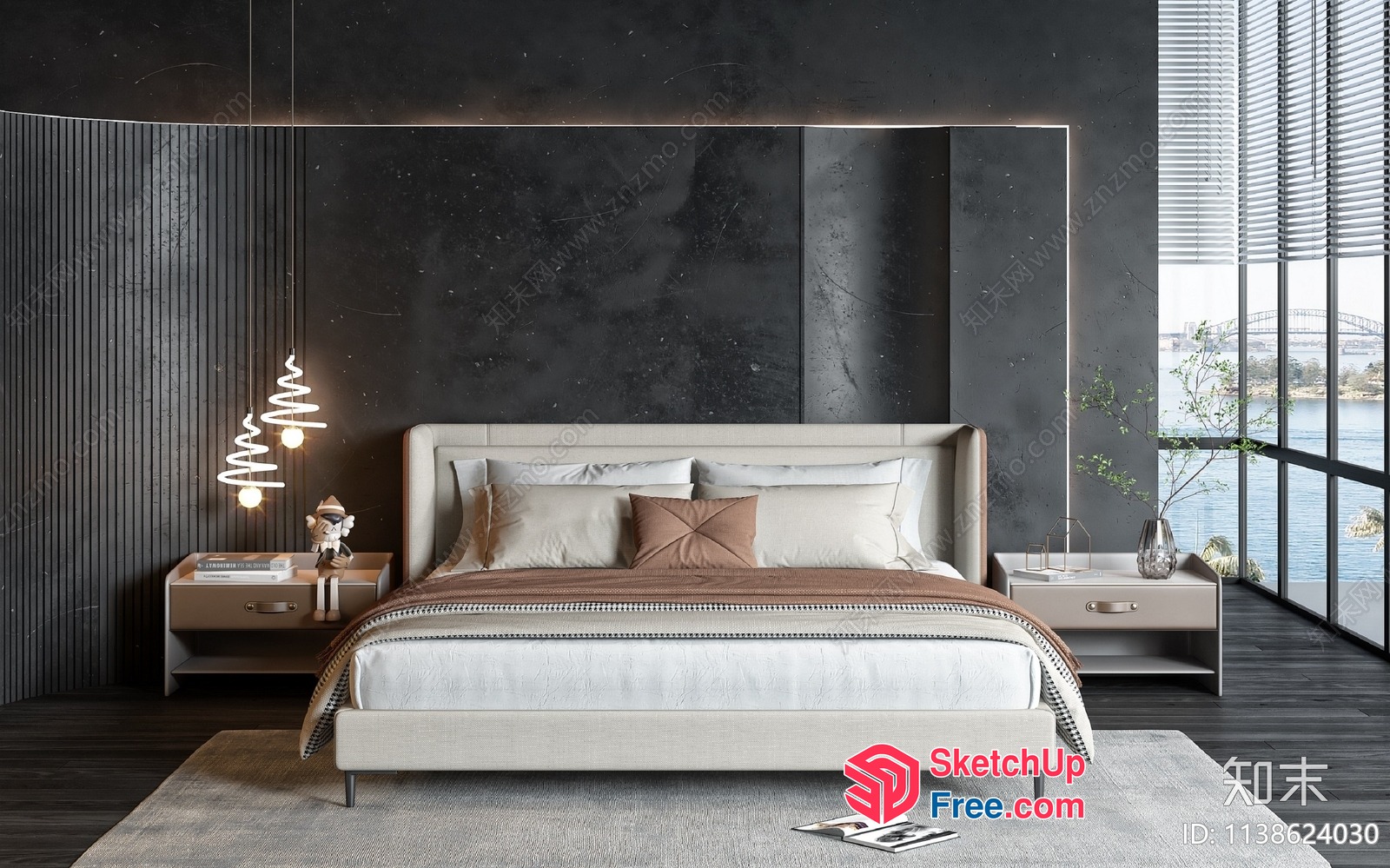 Modern Minimalist Bedroom With Large Window And Bed 3D SketchUp File