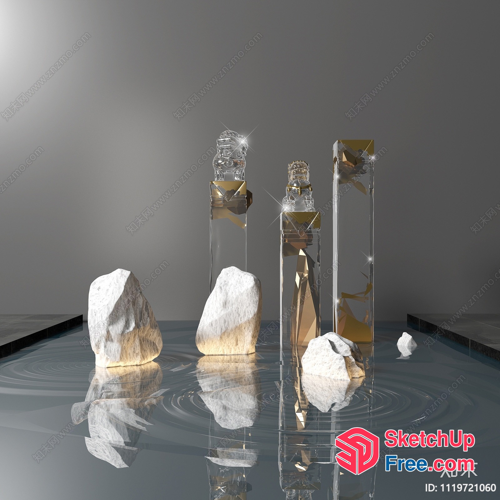 Crystal Pillars And Statues In Water 3D SketchUp File