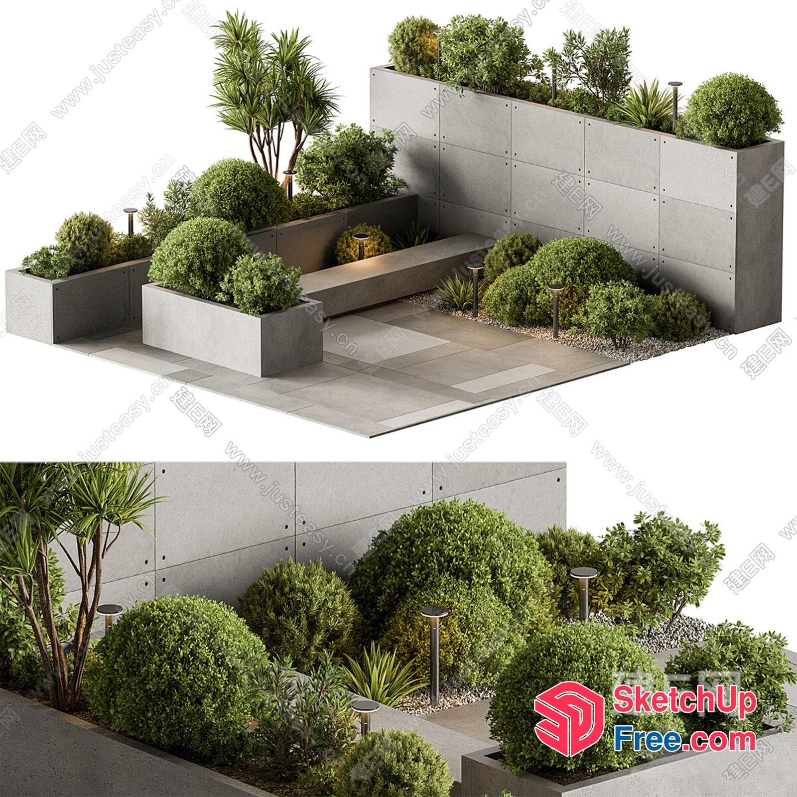 Modern Minimalist Garden Design With Concrete Planters And Greenery 3D SketchUp File