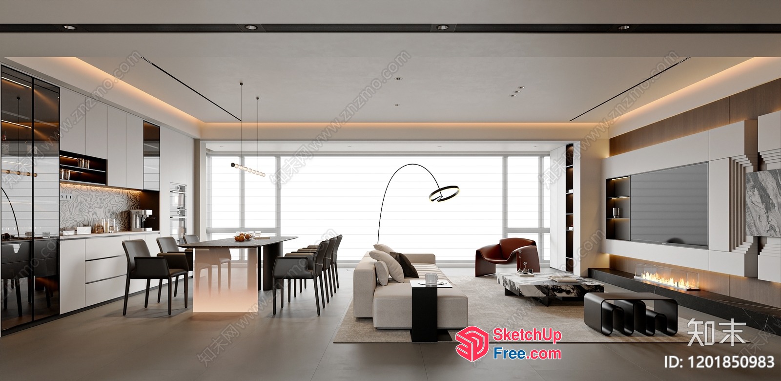Modern Minimalist Living Room And Kitchen With Large Windows 3D SketchUp File