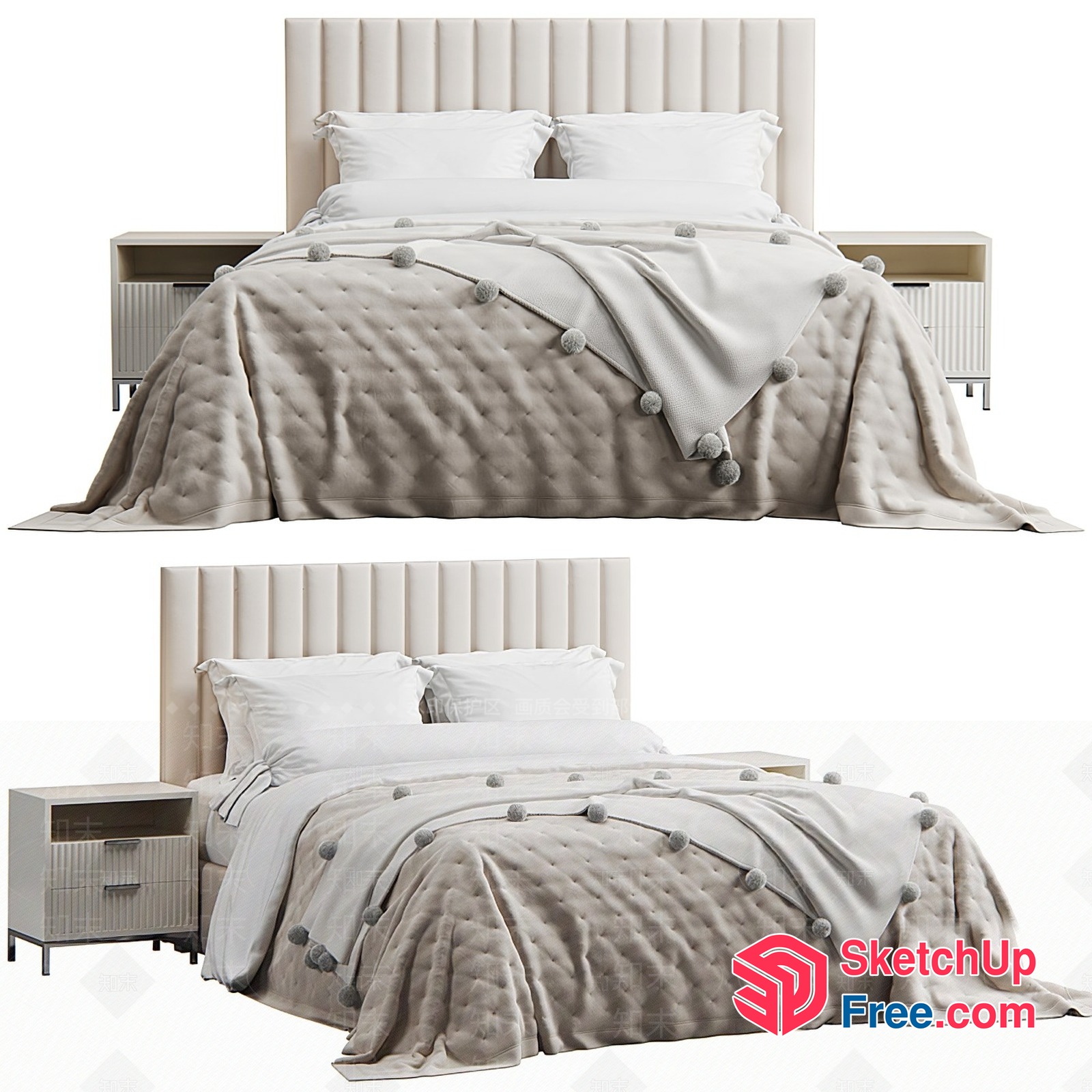 Elegant Creamy Style Bed With Nightstand And Tufted Blanket 3D SketchUp File