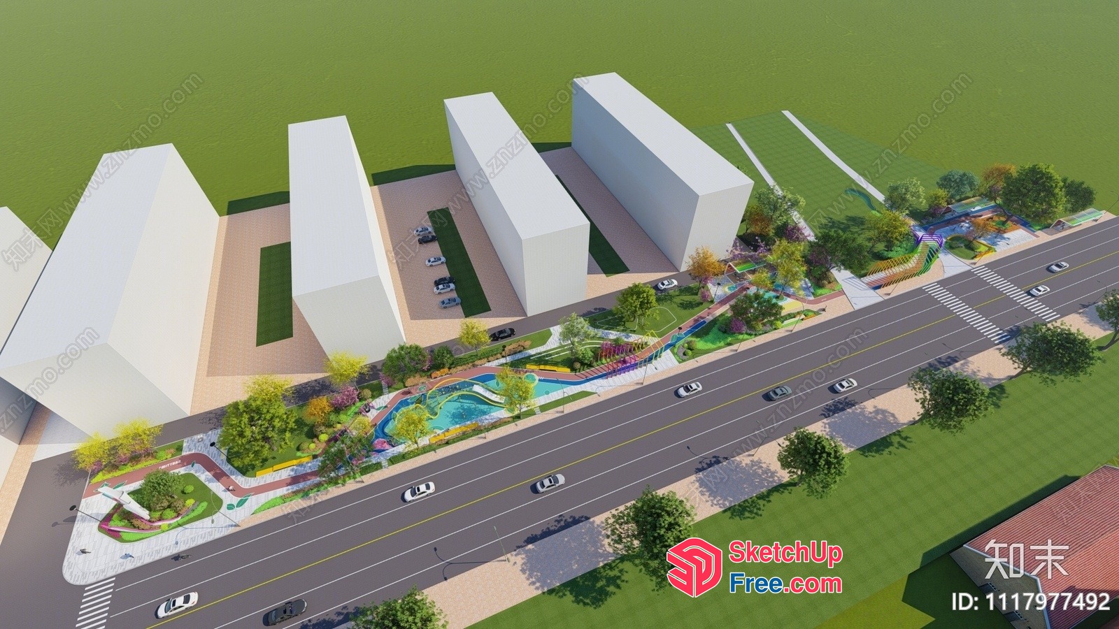 3D Rendering Of A Commercial Street With A Park And Buildings 3D SketchUp File