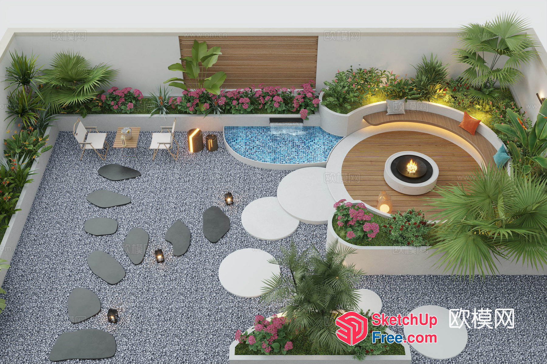 Modern Outdoor Space With Fire Pit And Water Feature 3D SketchUp File