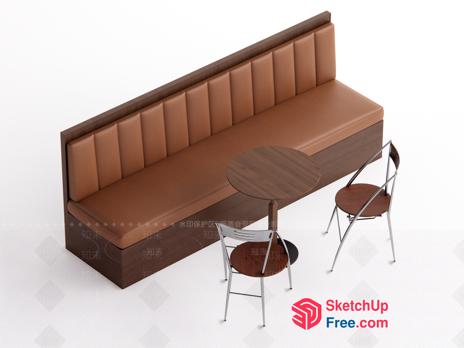 Modern Dining Room Booth With Brown Leather Seats And Wooden Table 3D SketchUp File