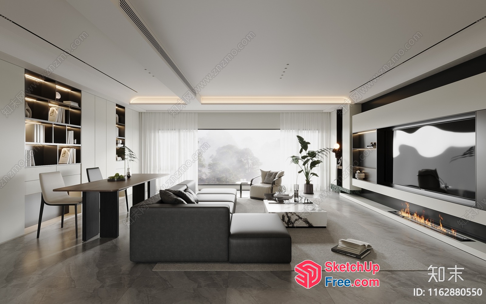 Modern Minimalist Living Room With Large Window And Fireplace 3D SketchUp File