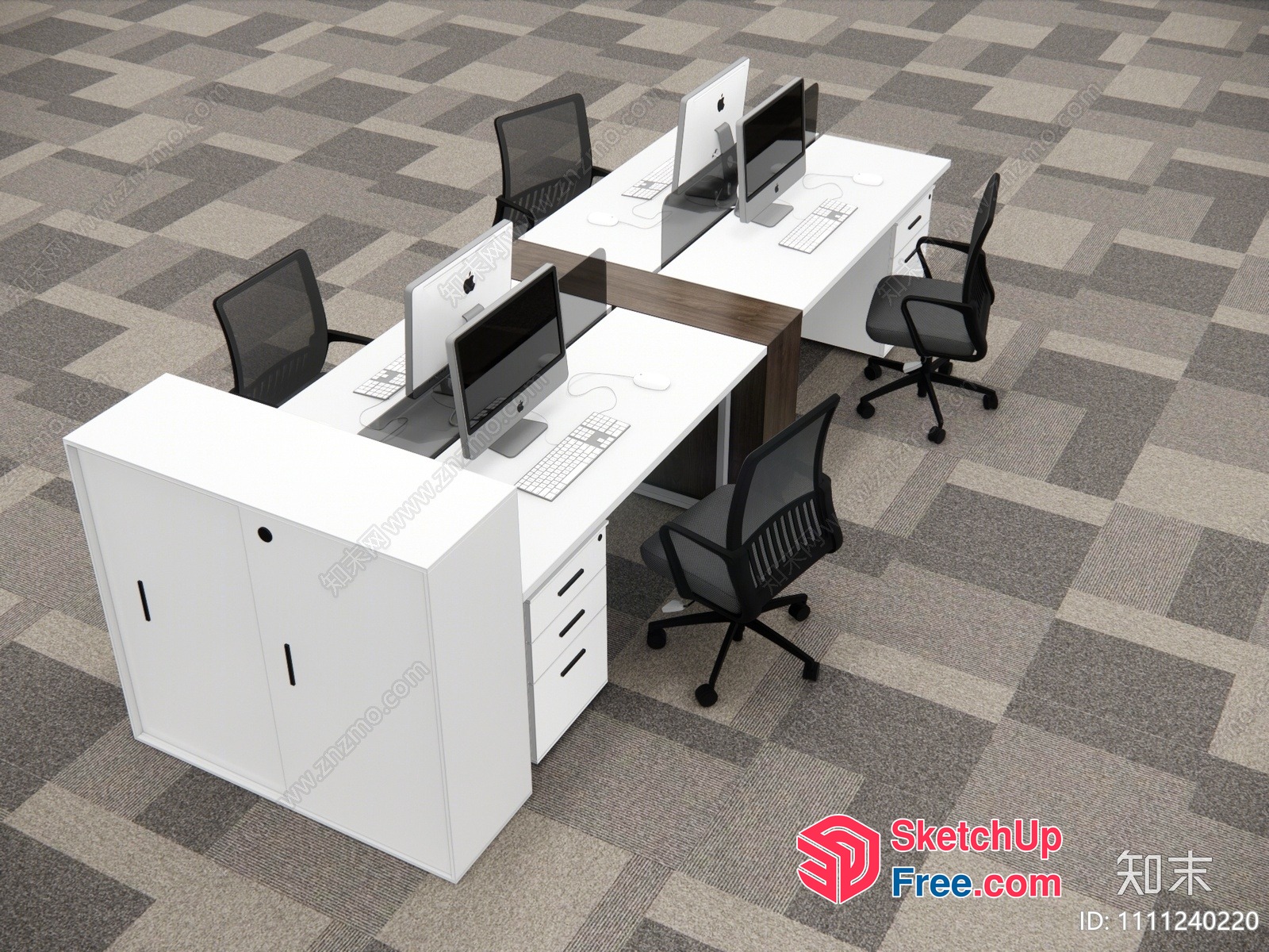 Modern Office Space With White Desks And Black Chairs 3D SketchUp File