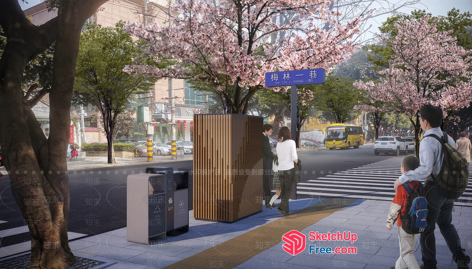 Pedestrian Crossing Street Scene With Cherry Blossom Trees And Modern Trash Cans 3D SketchUp File