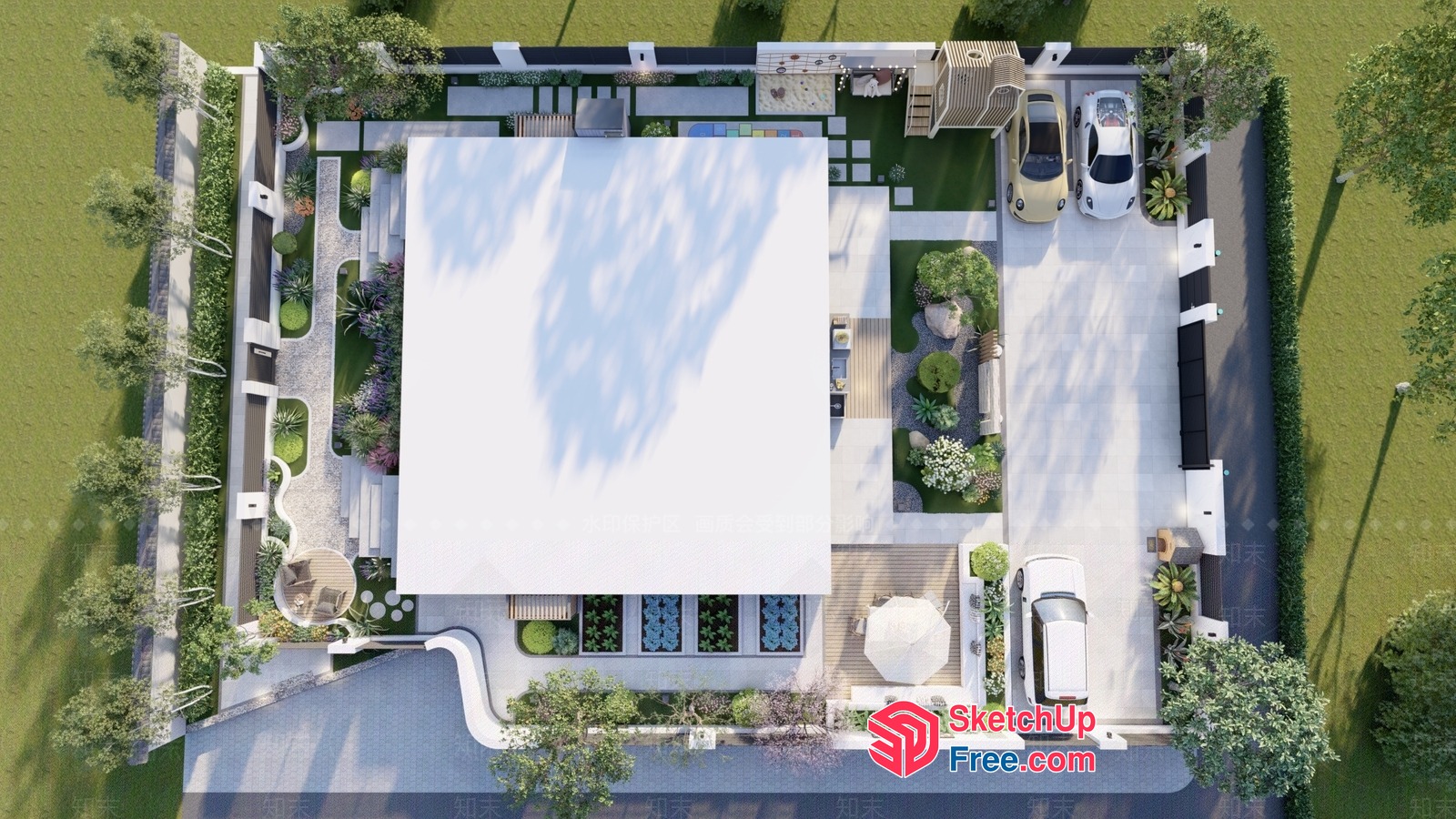 Aerial View Of A Modern Villa With A Well-Manicured Garden And Parking Area 3D SketchUp File