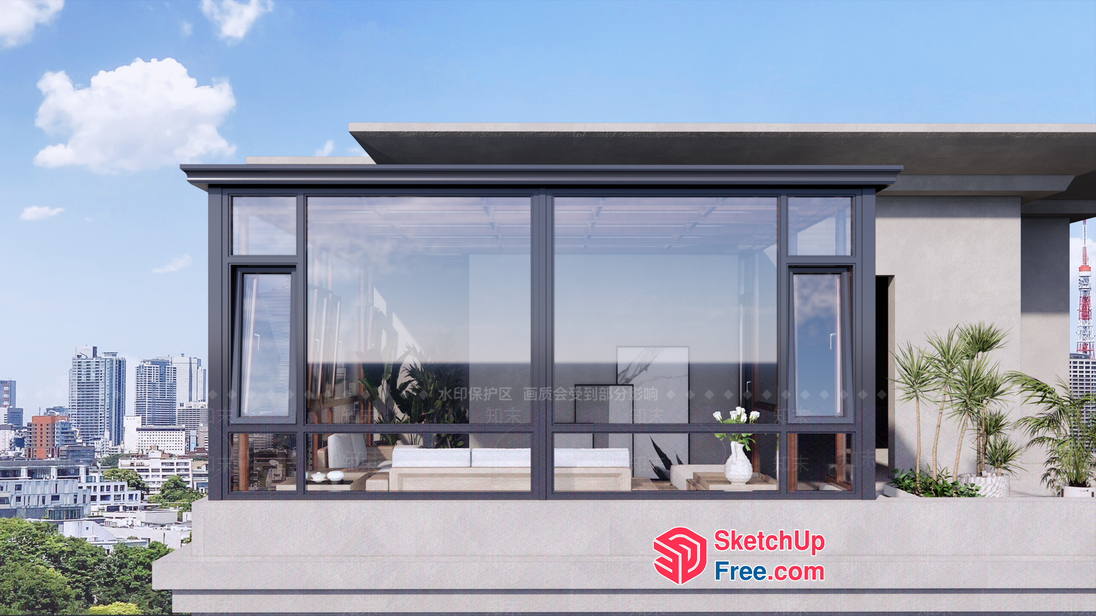 Modern Glass Curtain Wall With City View 3D SketchUp File