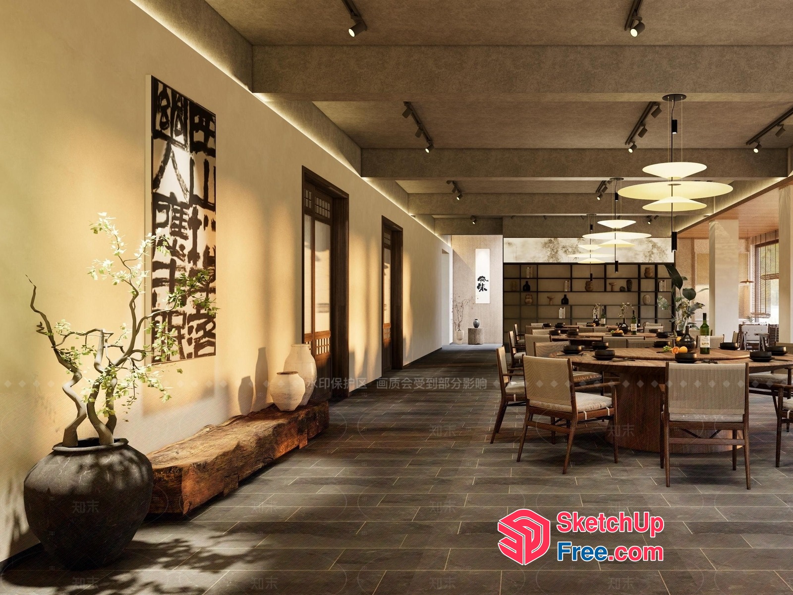 Asian-Inspired Interior With Natural Wood Accents And Modern Lighting 3D SketchUp File