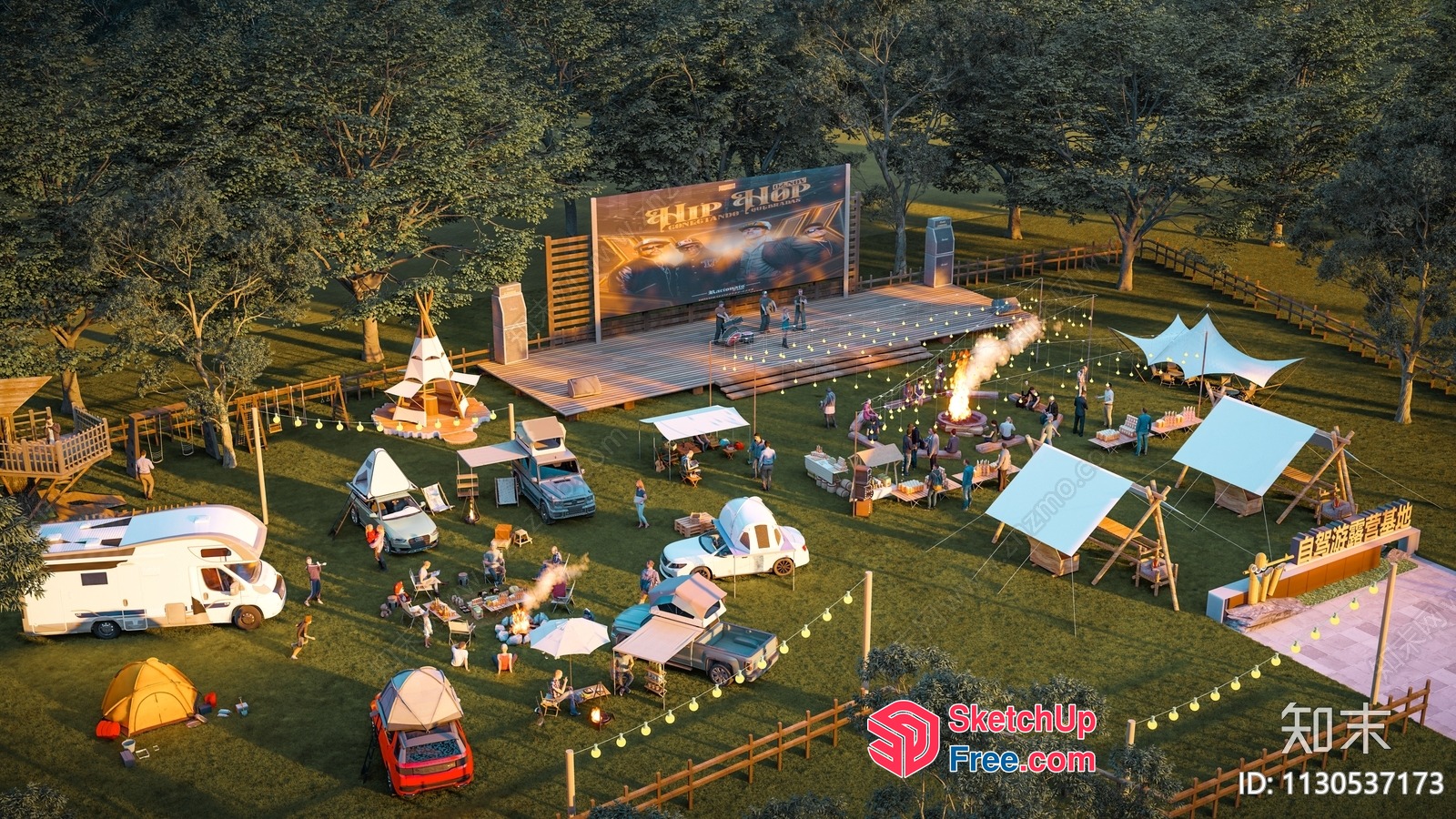 Outdoor Event Setup With Stage And Camping Tents 3D SketchUp File