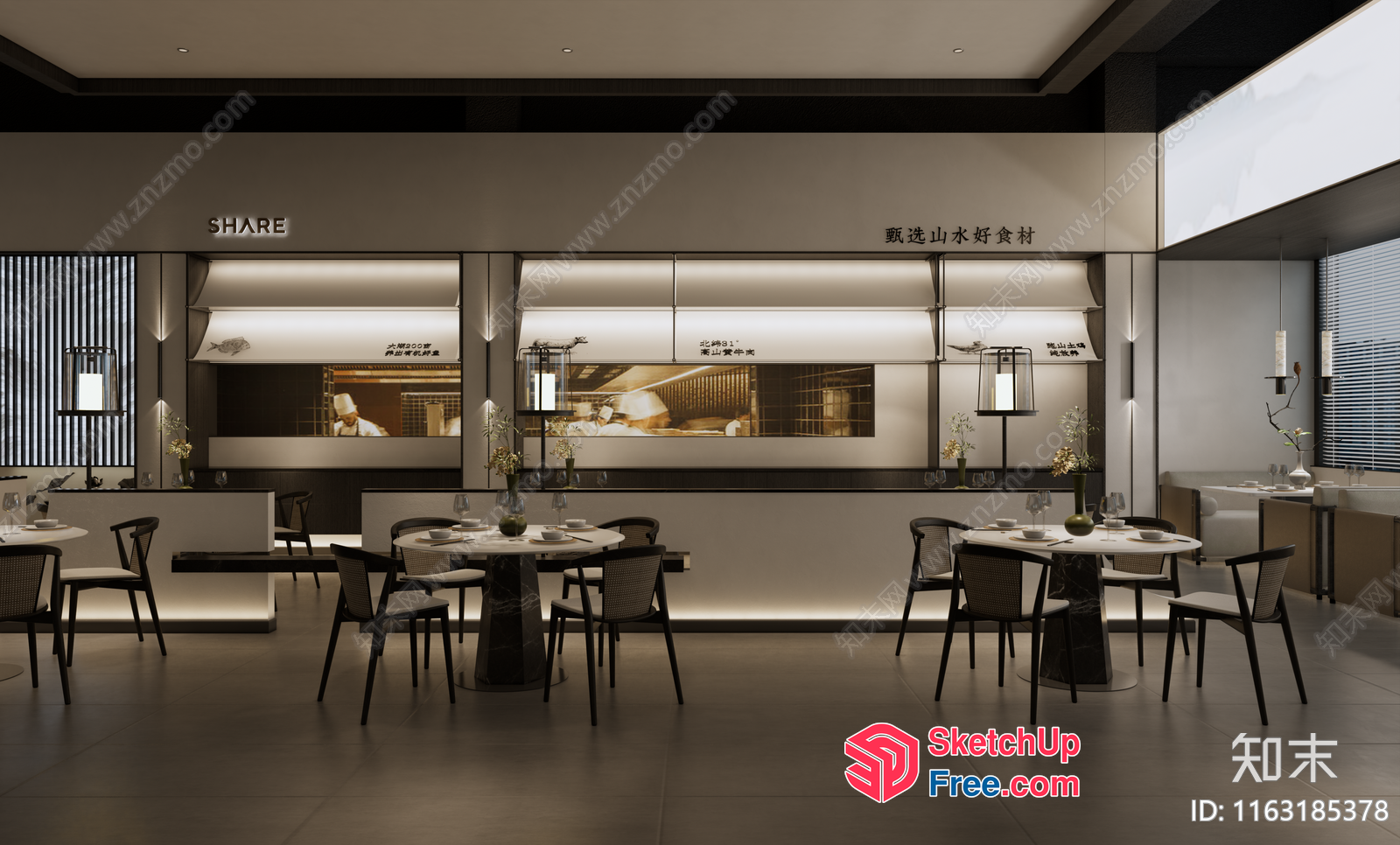 Modern Restaurant Interior With Chef'S Kitchen And Dining Area 3D SketchUp File