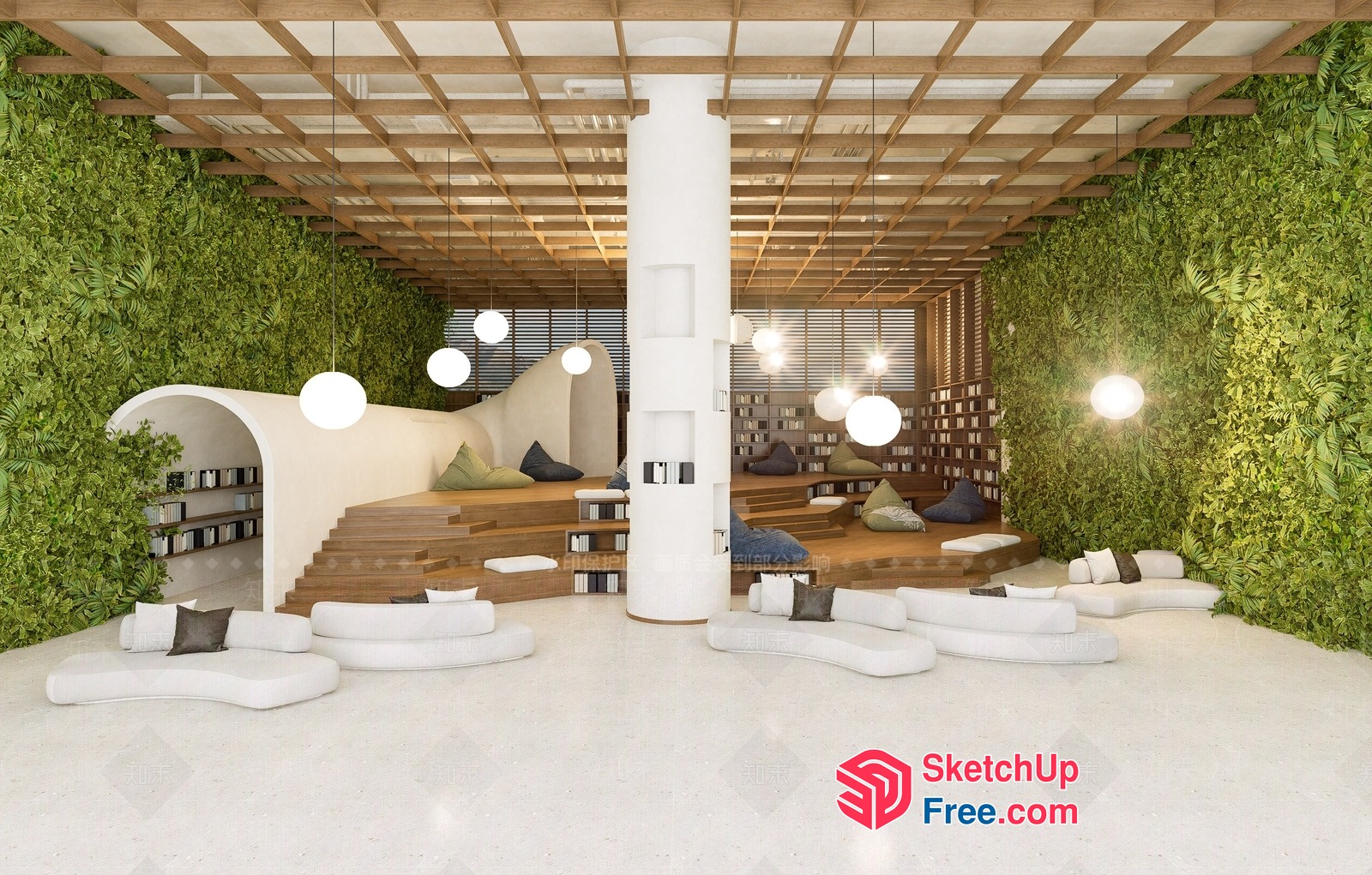 Modern Library Interior With Natural Elements 3D SketchUp File