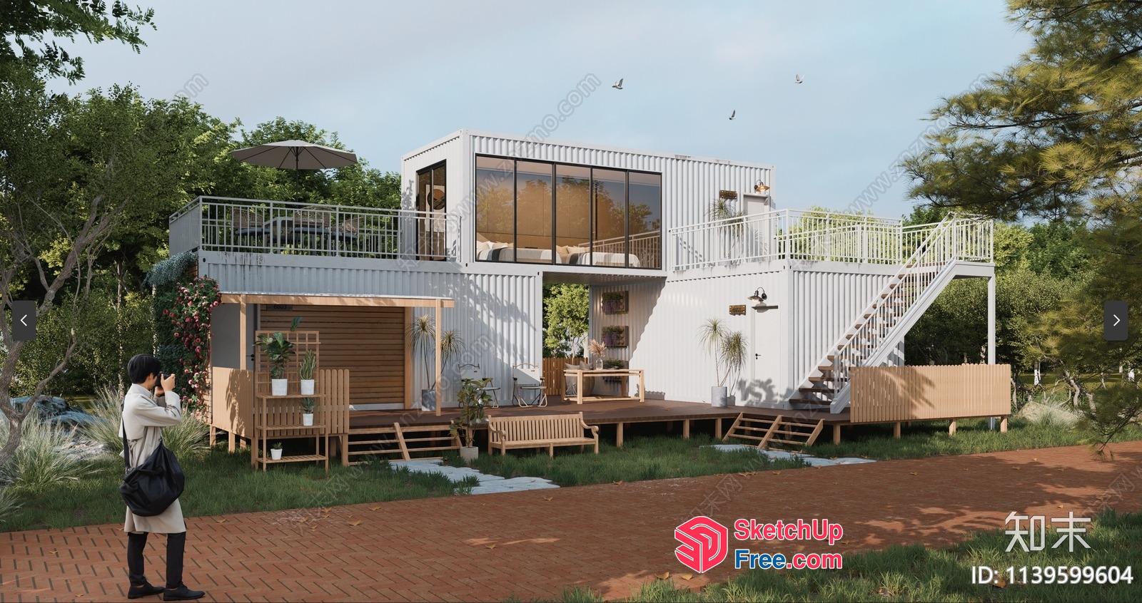 Modern Shipping Container Home Exterior With Large Deck And Stairs 3D SketchUp File