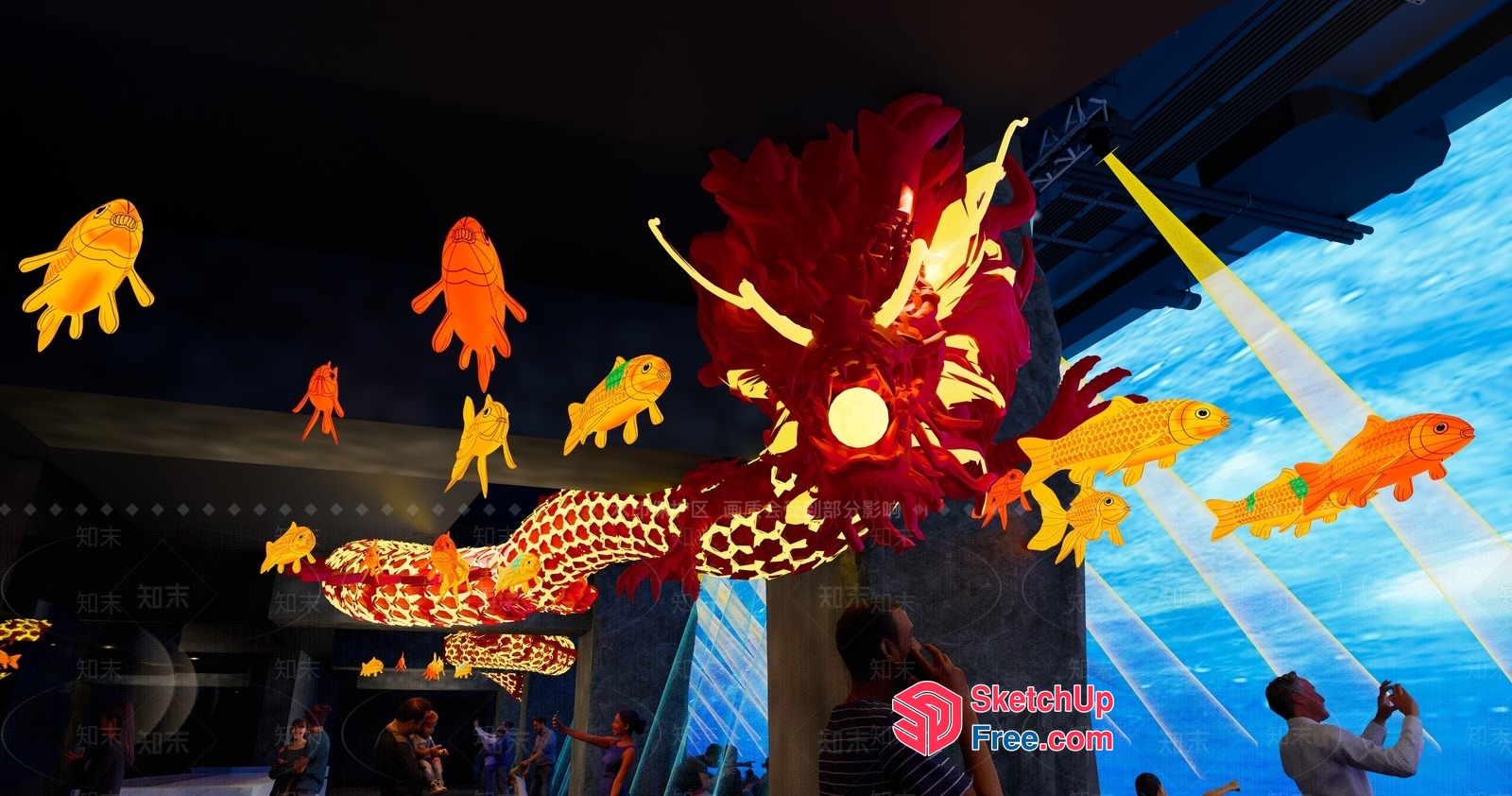 Colorful Illuminated Fish And Dragon Sculptures In A Modern Interior 3D SketchUp File