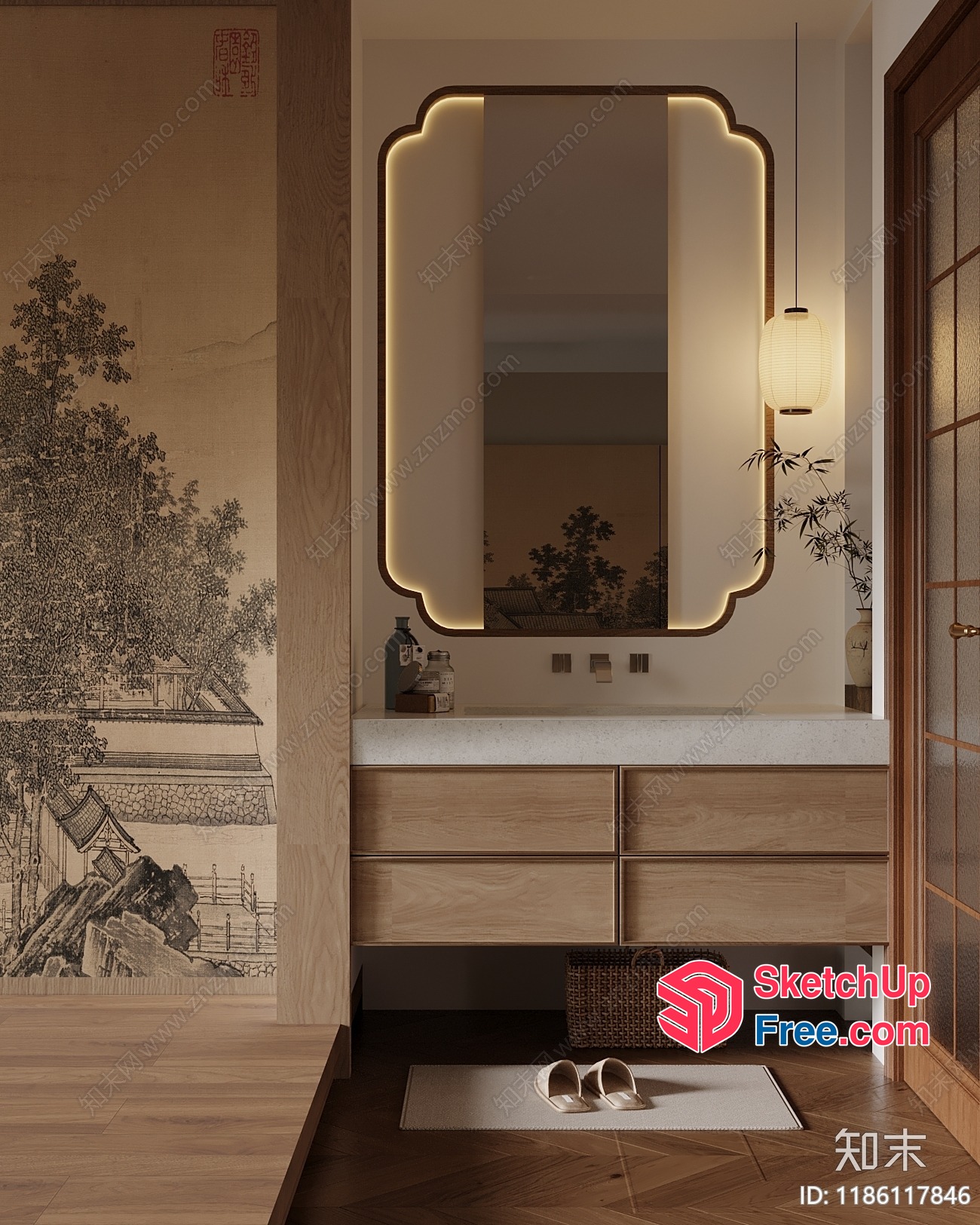 Elegant Asian-Inspired Bathroom With Vintage Style 3D SketchUp File