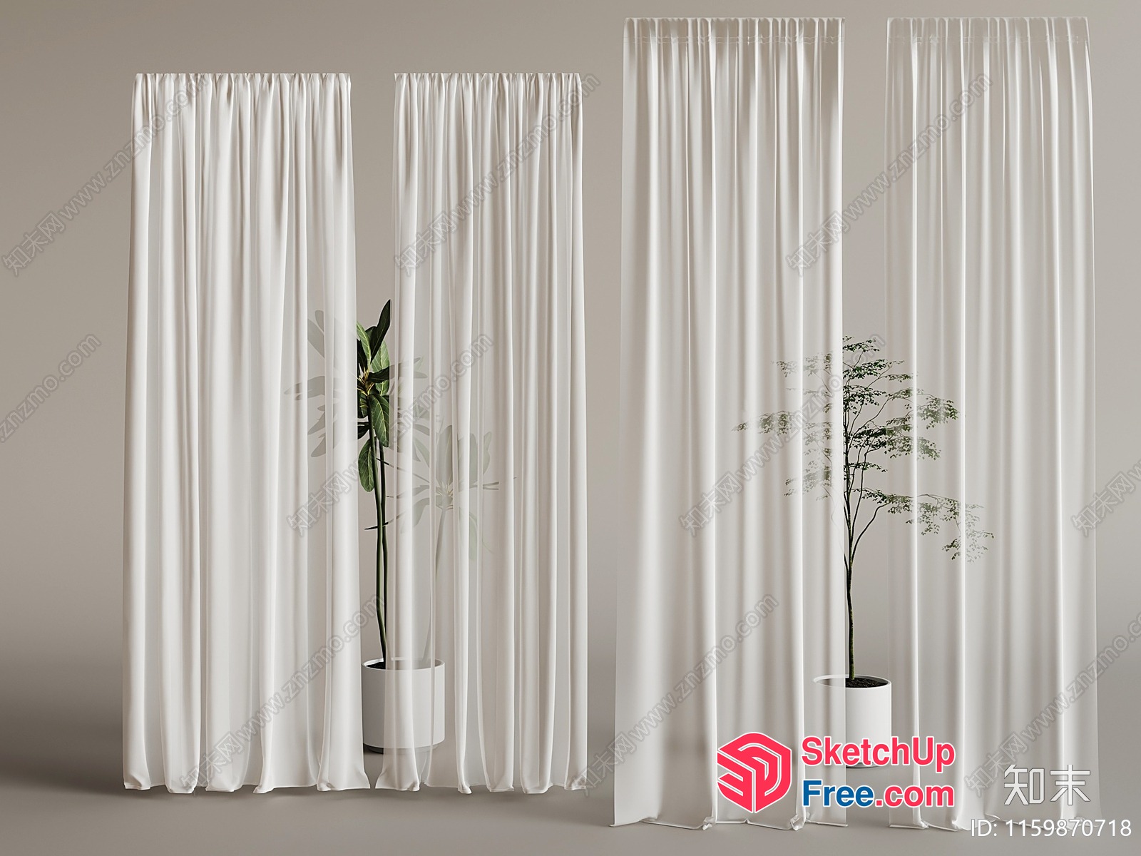 Elegant White Curtain And Potted Plants 3D SketchUp File