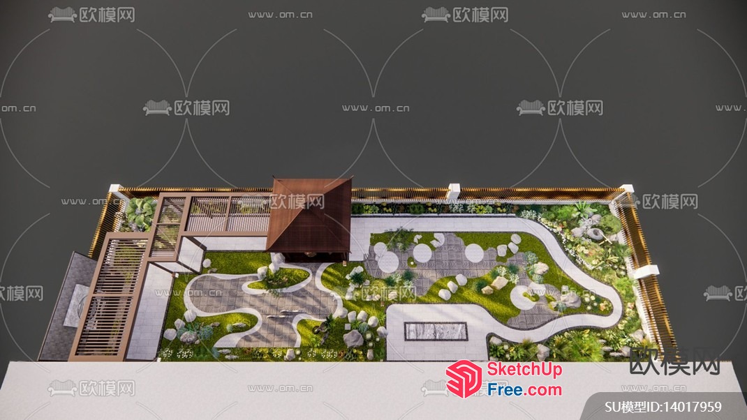 Outdoor Patio Garden With Modern Railing And Pathway 3D SketchUp File